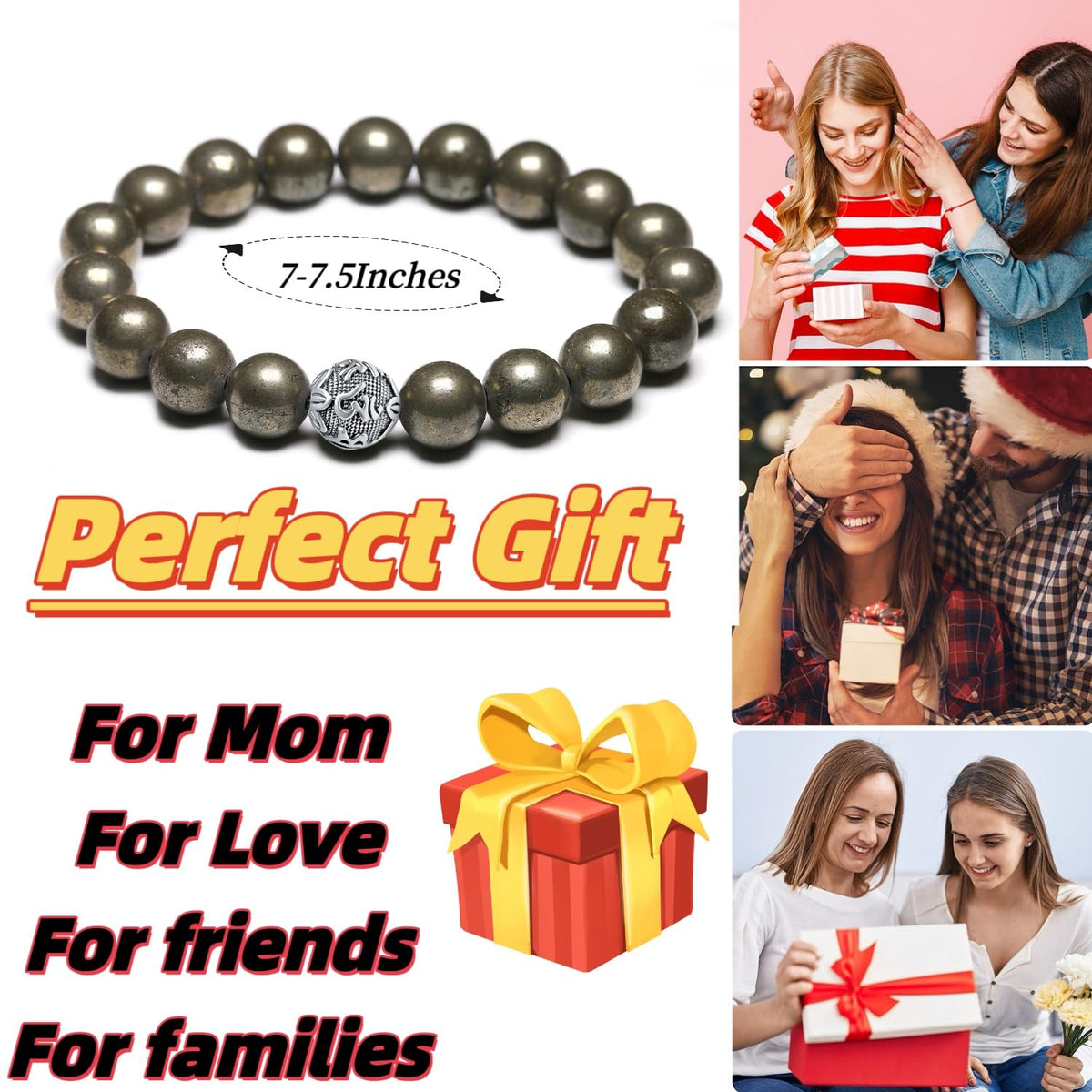 MetJakt Healing Crystals Beaded Bracelets for Womens Natural Gemstone 8mm Beads Stretch Bracelets with 925 Sterling Silver Double Happiness Pendant (Pyrite)