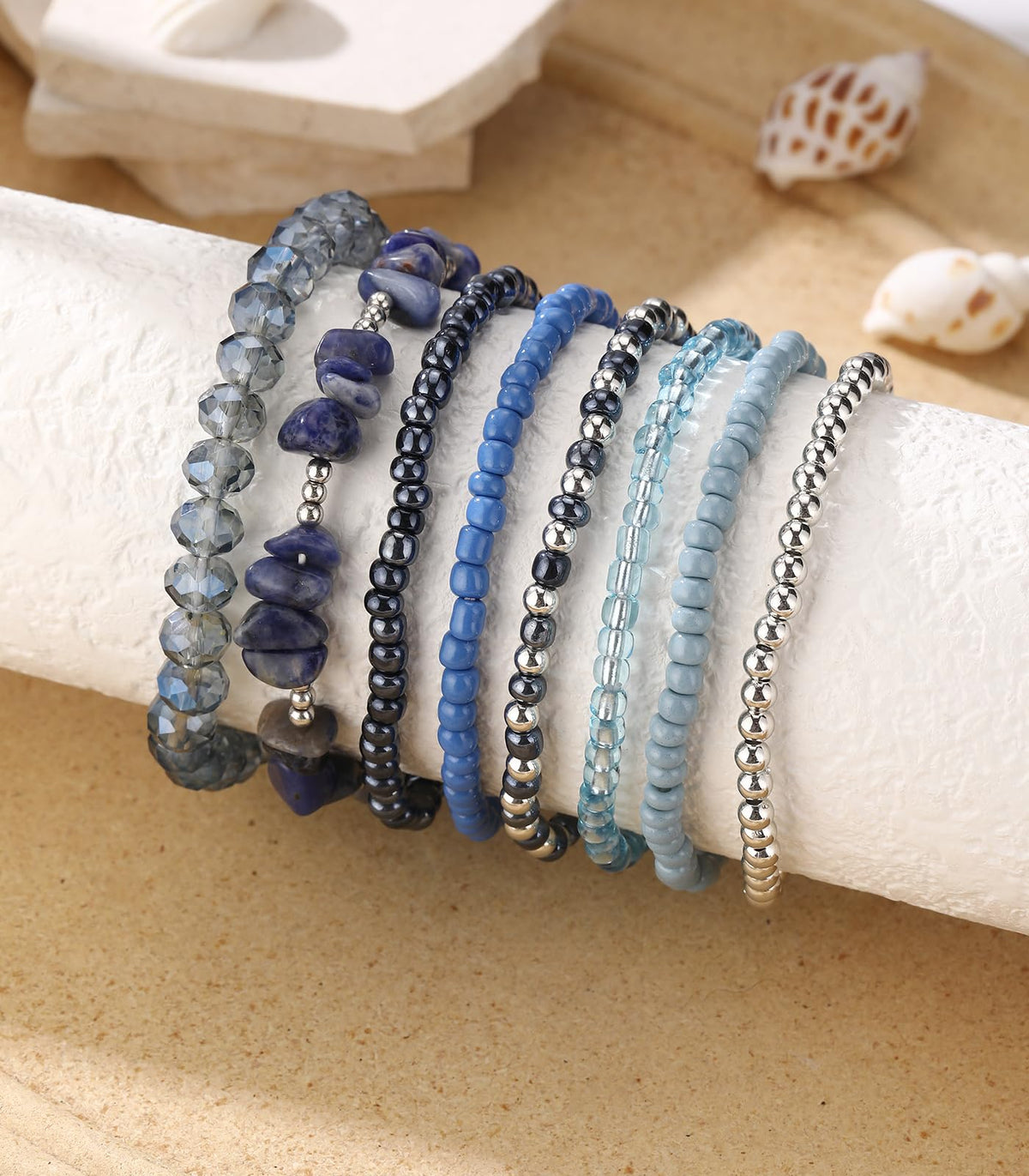 Noessla Boho Beaded Bracelets for Women Stackable Irregular Natural Stone Bead Stretch Bracelet Set 8PCS Costume Jewelry Gifts for Her(Navy Blue)