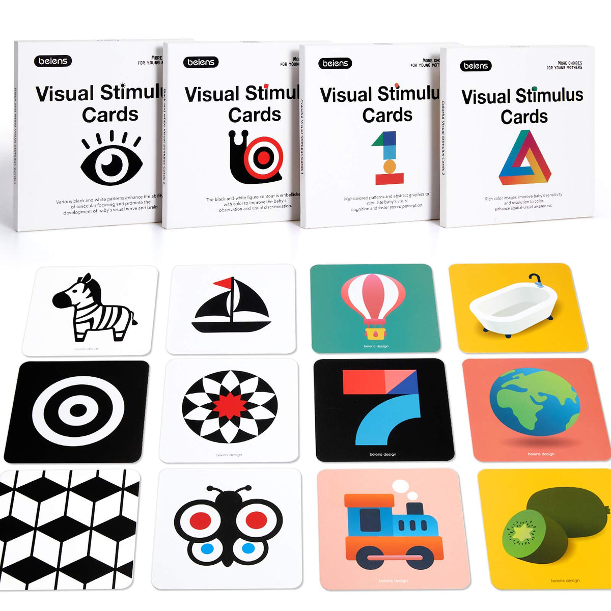 beiens High Contrast Baby Flashcard, 80 Pcs 160 Page Black White Colorful Visual Stimulation Learning Activity Card for Babies Ages 0-3-6-12-36 Months, 5.5'' x 5.5'' Newborn Infants Toys Gift