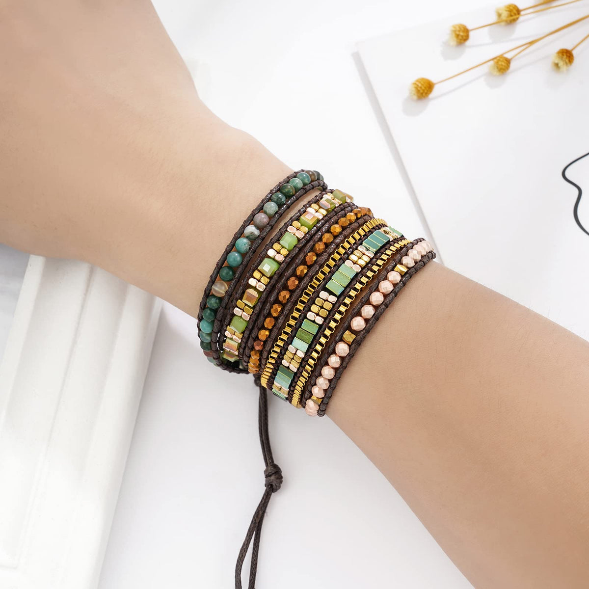 Plumiss Boho Handmade Green Stylish Natural Stone Crystal Hematite Stainless Steel Chain Mixed 5 Wrap Bracelet for Women Men