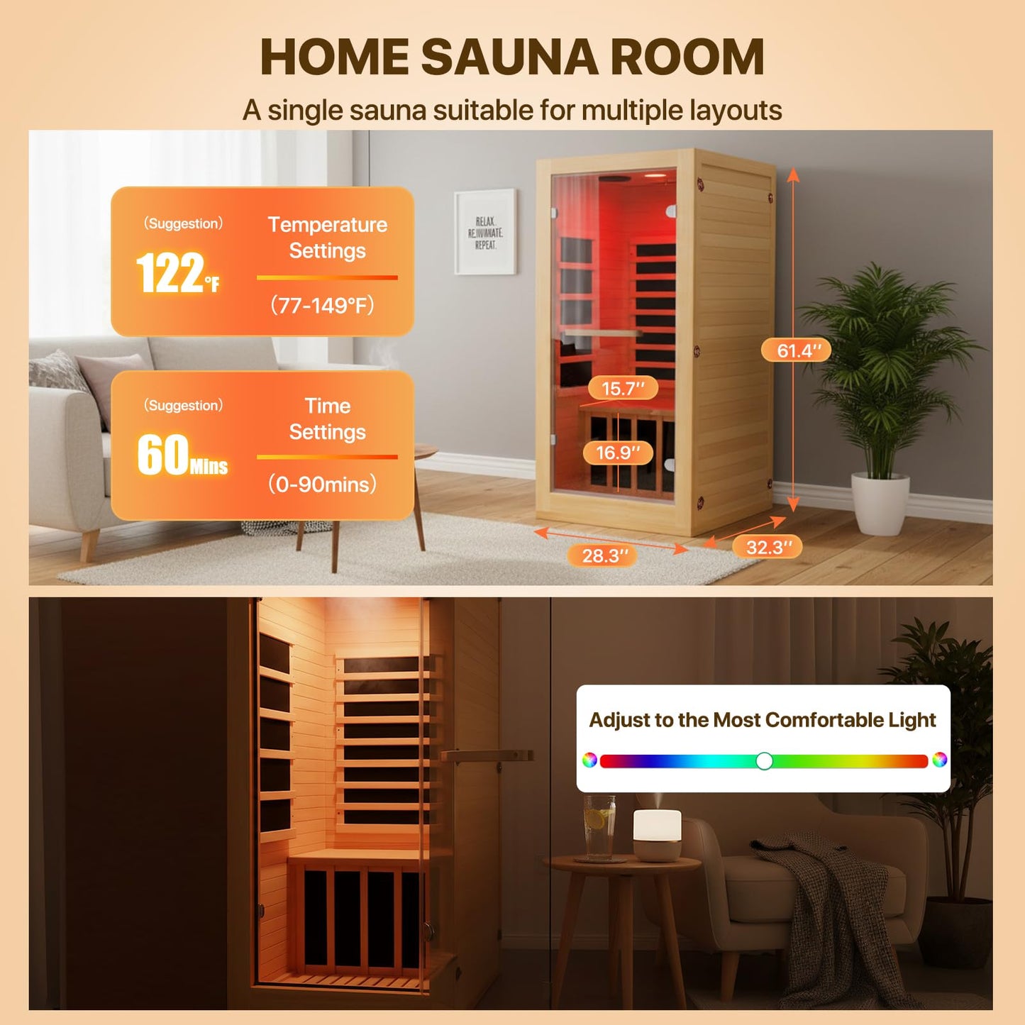 OUTEXER Infrared Sauna Room Indoor Saunas Home Obeche Wood 900W Low-EMF Dry Saunas Single Person Spa with 7 Color Light 32.3 * 28.3 * 61.4 inch