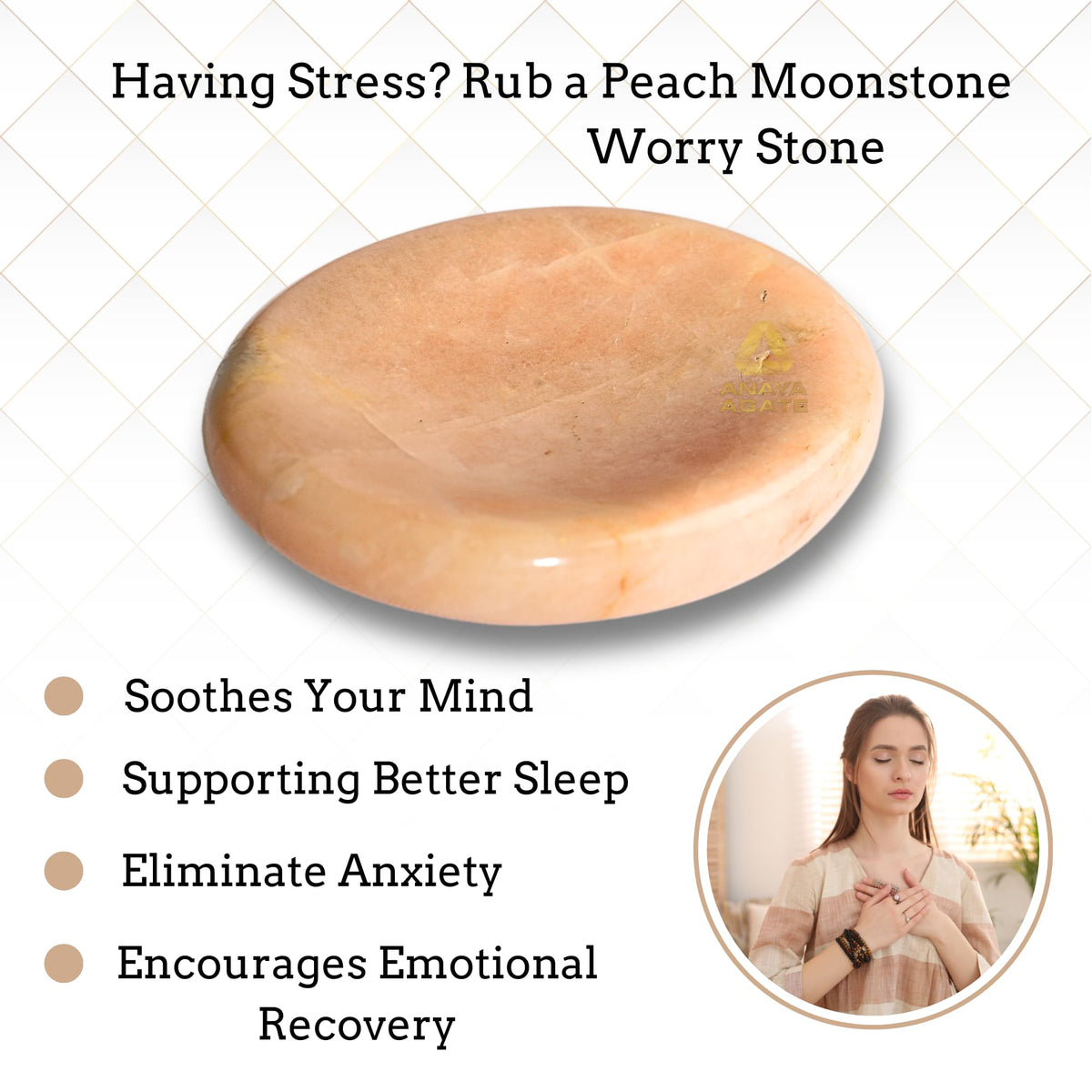 Anaya Agate Peach Moonstone Worry Stones Certified Crystal Thumb Worry Stone for Anguish, Relaxing and Soothing Balance Stones for Meditation, Stress Relief Crystals and Healing Stones for Men Women