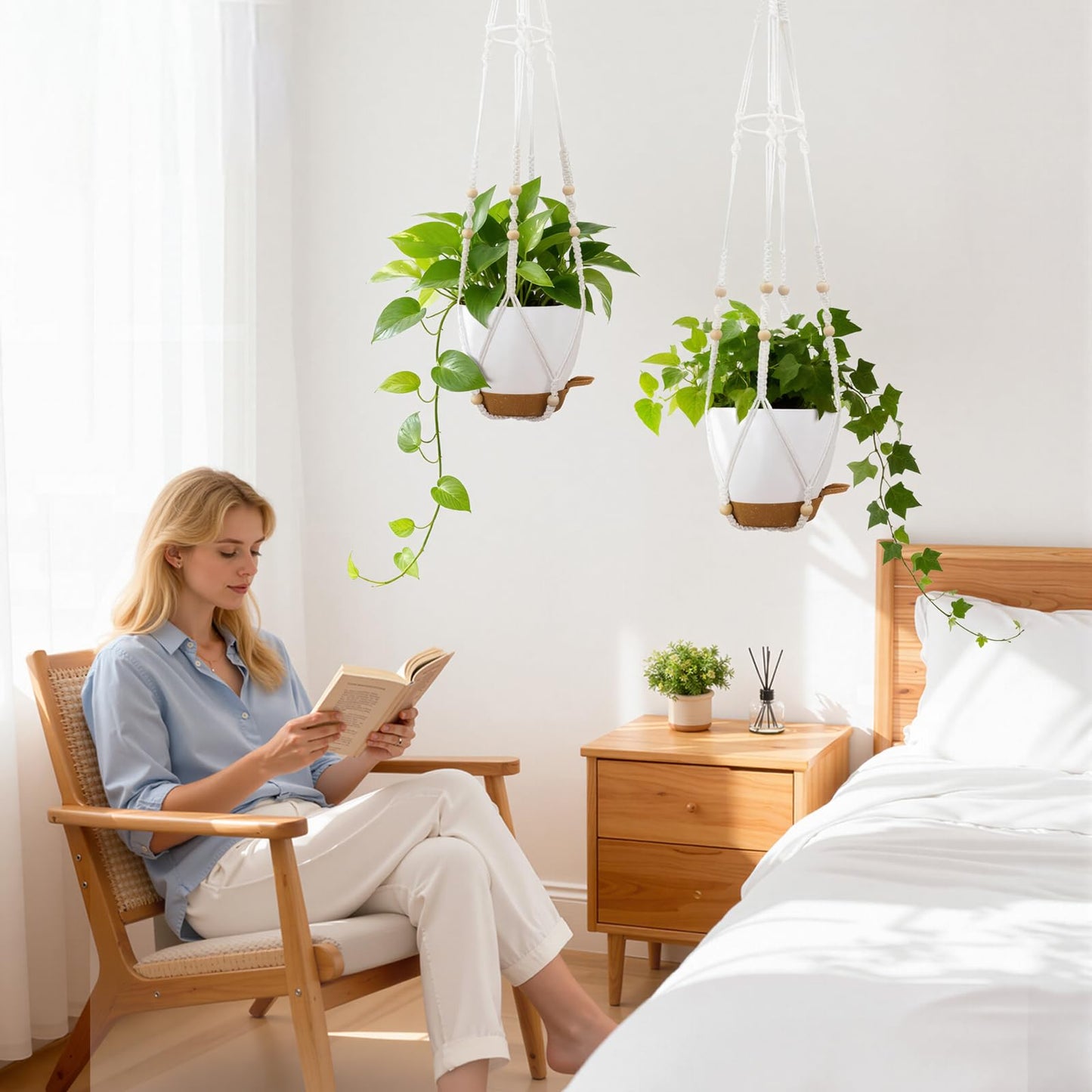 Hanging Planters for Indoor Plants: 2 Pack Macrame Plant Hangers with Grow Lights and Self-Watering Pots, Large Hanging Pots with Drainage Holes & Removable Tray（8in White Pot, Daylight Spectrum）