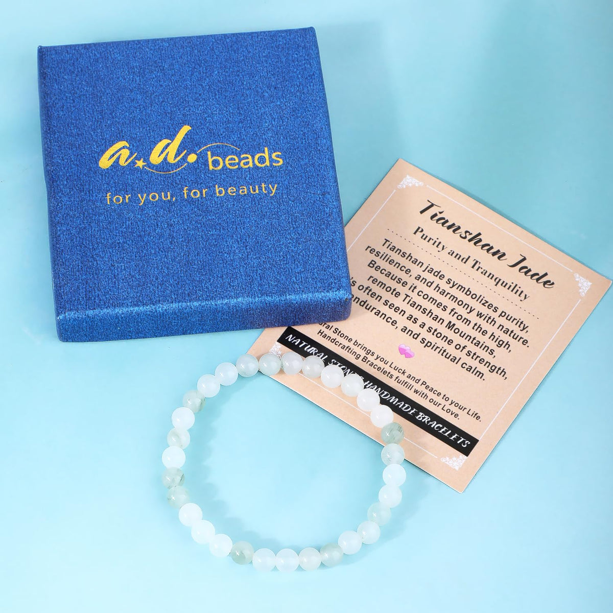 AD Beads 4mm Handmade Tianshan Jade Elastic Bracelet Natural Gemstone for Purity and Tranquility Meditation, Yoga, Healing and Energy Gift for Men Women