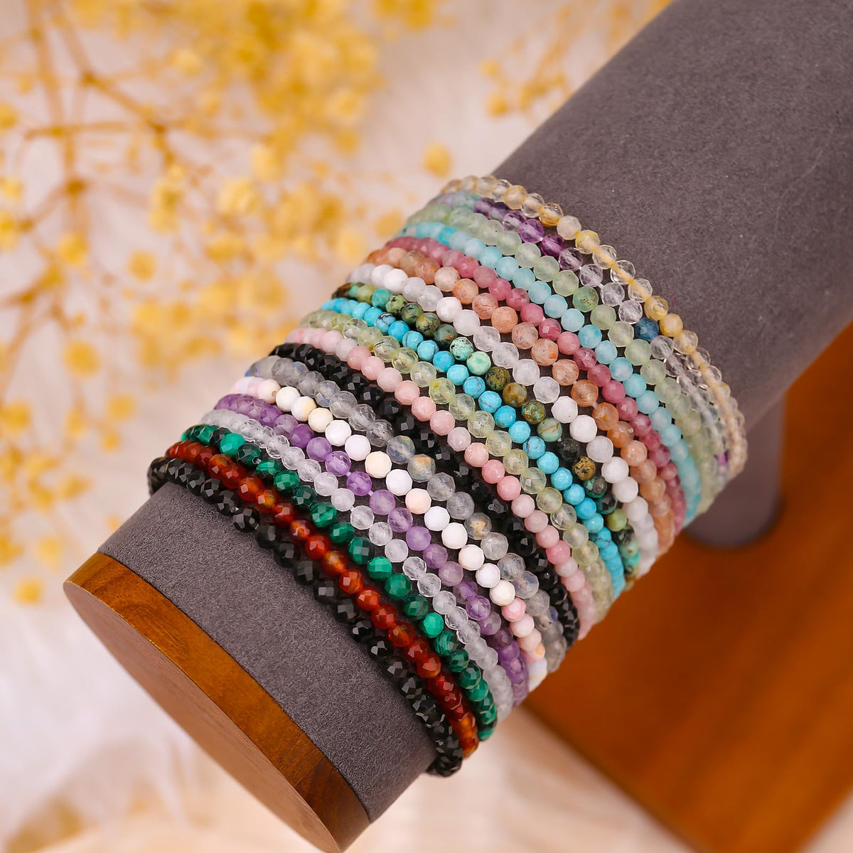 BONNY BOXX Natural Genuine Gemstone Faceted Round Beads Bracelet, 3mm Adjustable Stretchy Tiny Faceted Green Agate, Healing Crystal Reiki Chakra Dainty Jewelry Fashion Gifts
