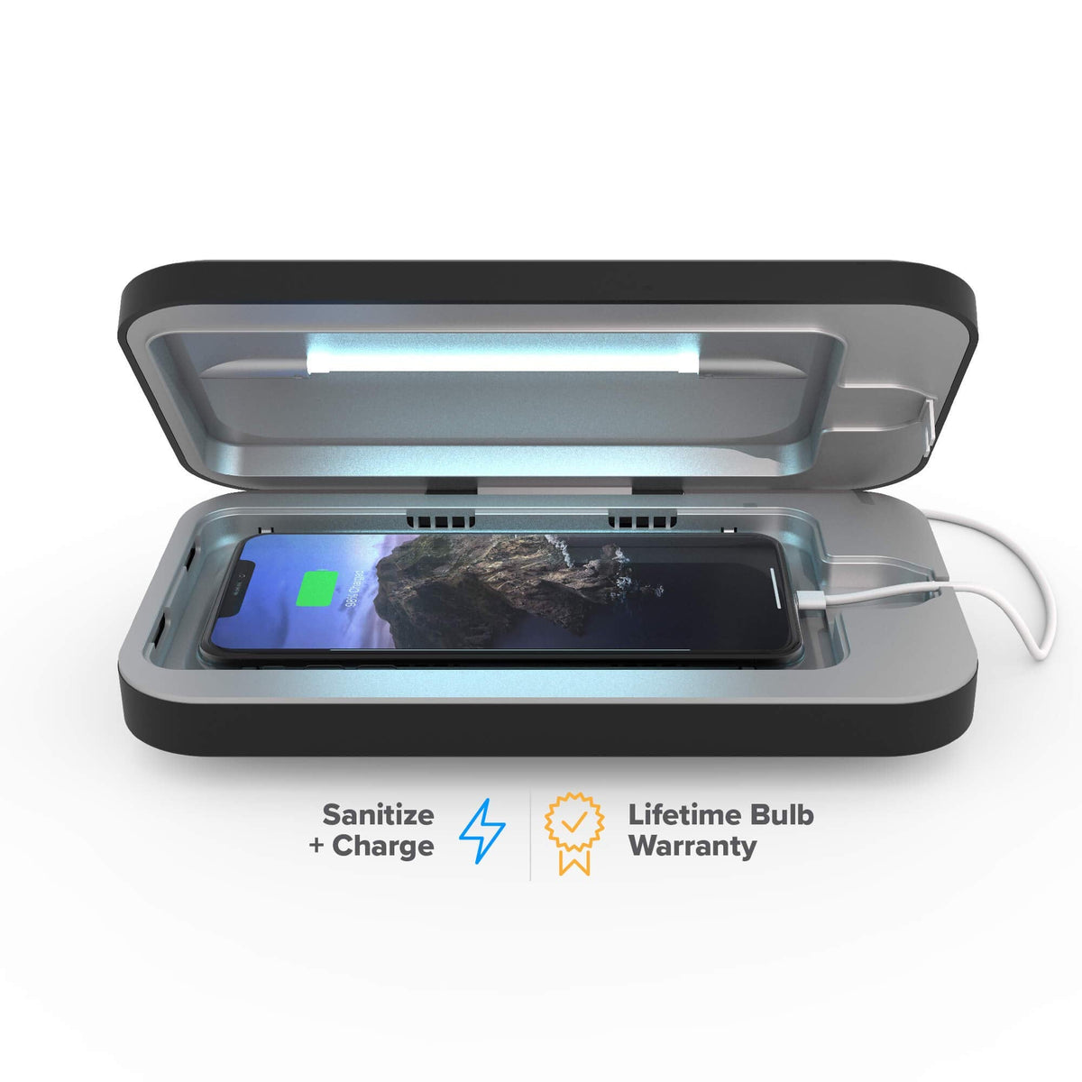 PhoneSoap 3 UV Cell Phone Sanitizer & Dual Universal Cell Phone Charger Box | Patented & Clinically Proven 360-Degree UV-C Light Sanitizer | Disinfects and Charges All Phones (Black)