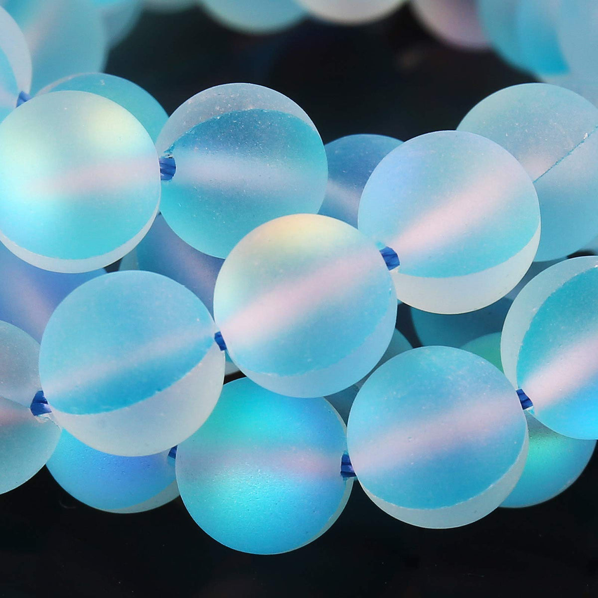 Matte Aquamarine Aurora Crystal Glass Beads, 10MM Frosted Glitter Shining Mermaid Round Loose Beads, Rainbow Holographic Synthetic Moonstone for Jewelry Making DIY Bracelet