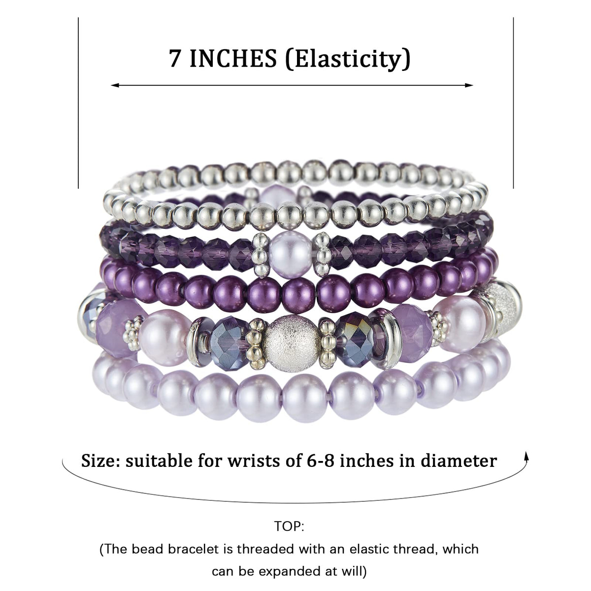 Noessla Beaded Pearl Stretch Bracelet Silver Stackable Crystal Beads Bracelets Trendy Costume Jewelry Mothers Day Gifts for Women(Purple)