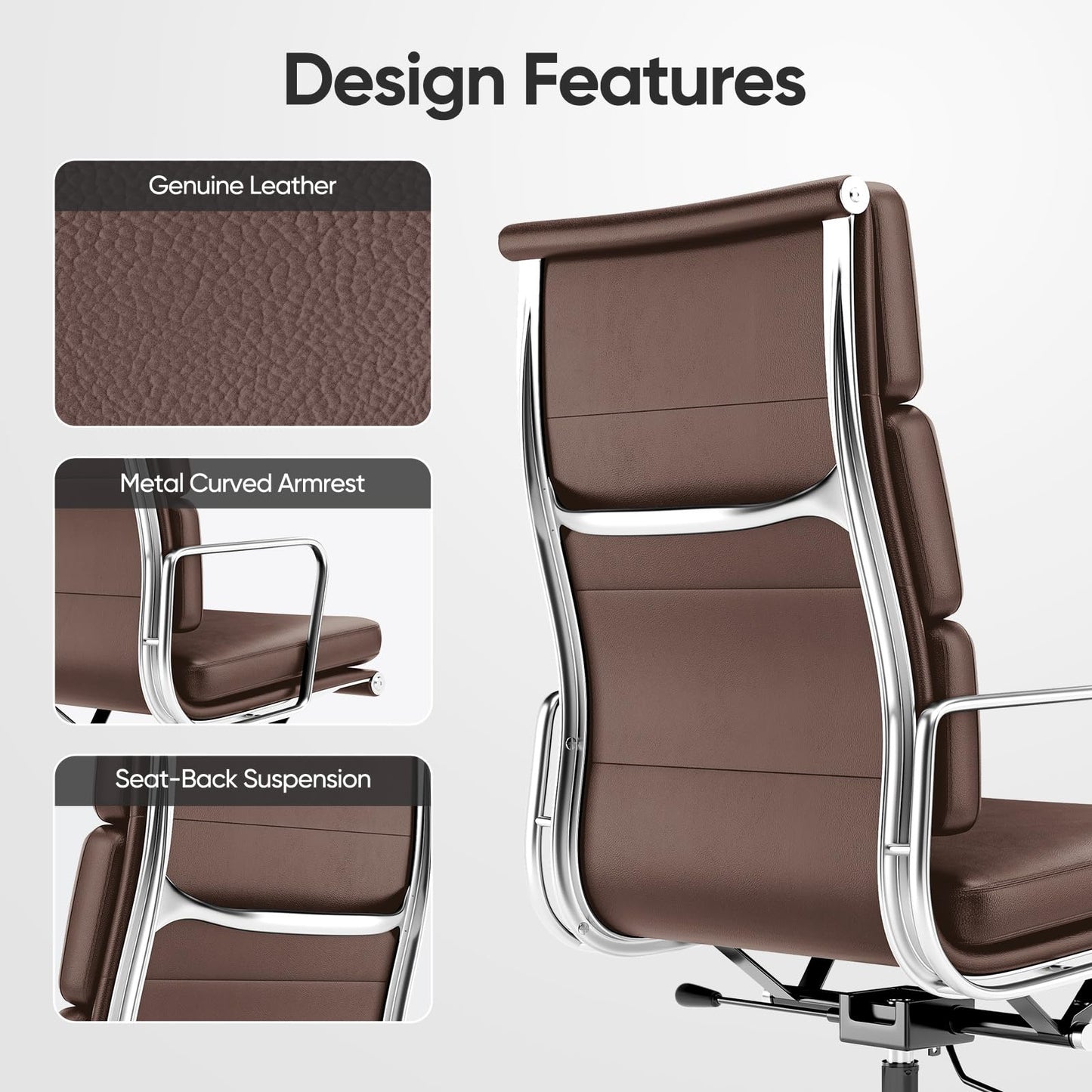 OTDMEL Genuine Leather Office Chair, Padded High Back Ergonomic Executive Desk Chair with Aluminum Arm Rest and Base, Swivel Wheels with Lumbar Support & Tilting Function, Hight Adjustable, Dark Brown