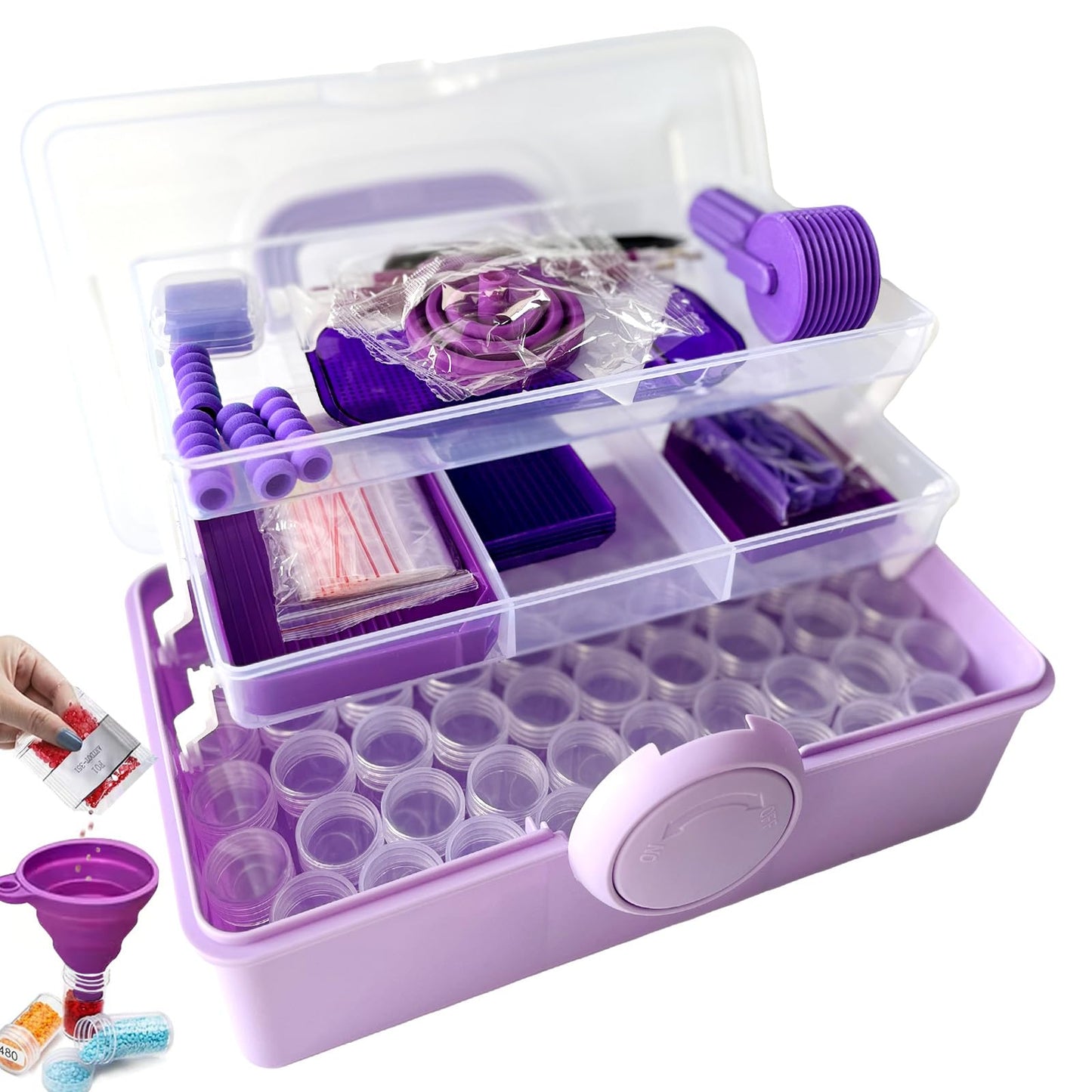 Diamond Painting Tools and Accessories Kits - All-in-One Accessories Set with 57 Storage Containers Purple, Ergonomic Pen, Trays, Roller & More Complete DIY Craft Organizer for Adults