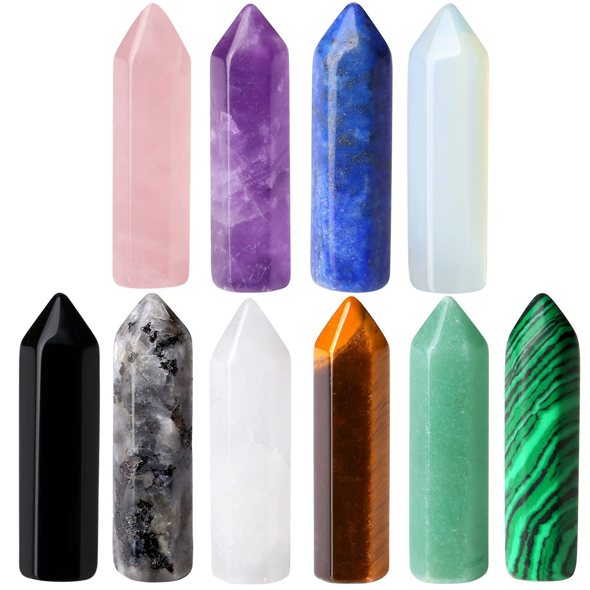 QINJIEJIE 10 PCS Healing Crystals Wands Mini Crystal Pocket Polished Tumbled Stones Rose Quartz Amethyst Assorted Bulk Natural Hexagonal Single Pointed Reiki Energy Balancing Meditation Therapy Gift