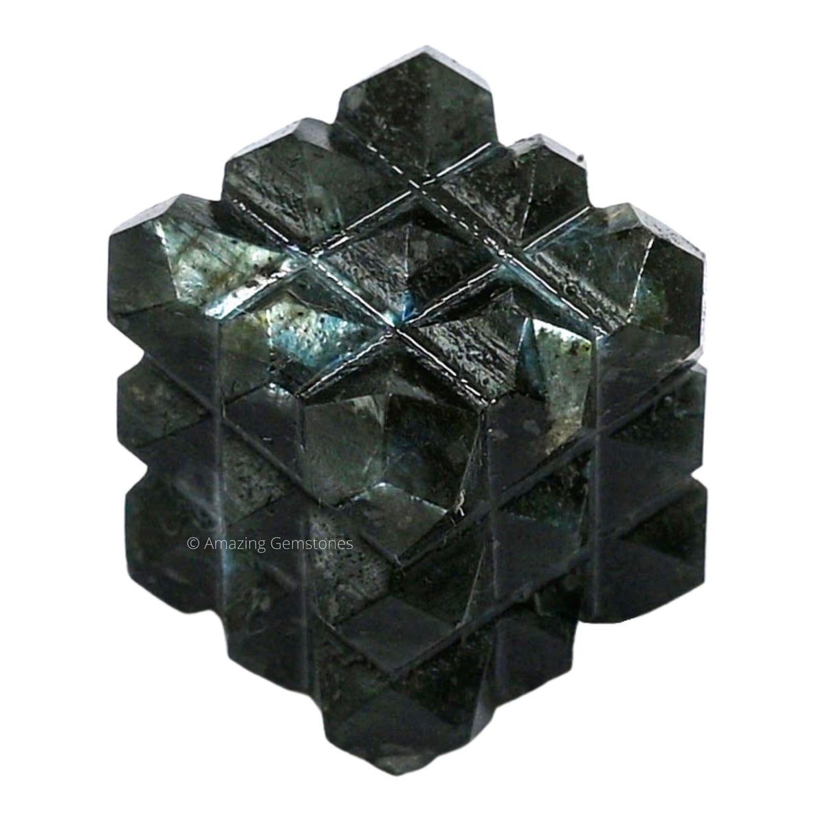 Amazing Gemstone Labradorite Crystal Cube with 54 Pyramid - 1" Mini Lemurian Pyramid Cube Figurine of Natural Stone Pyramid for Meditation, Reiki, Chakra Balancing Vastu Pooja and Crystal Grids