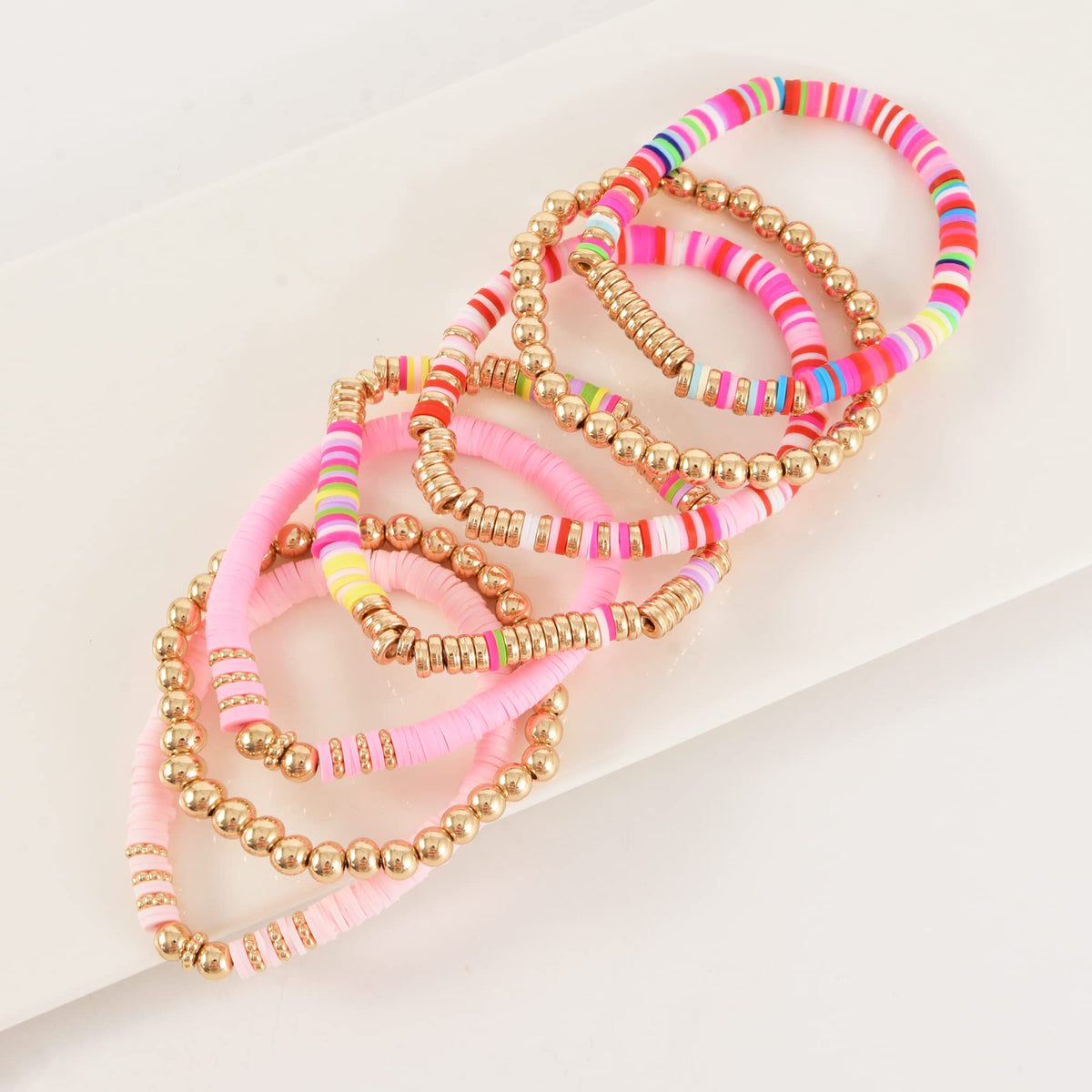GOOJIDS Surfer Heishi Clay Bead Bracelets for Women Bohemian Stackable Gold Plated Beaded Stretch Bracelets Elastic Layering Friendship Bracelets Set Boho Jewelry