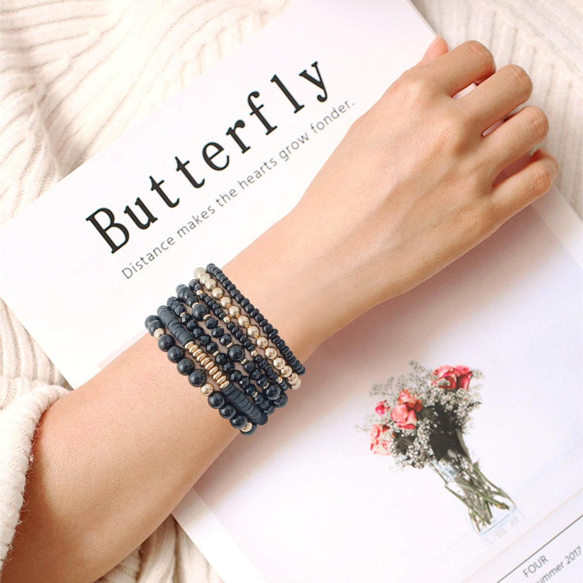 GOOJIDS Surfer Heishi Clay Bead Bracelets for Women Bohemian Stackable Gold Plated Beaded Stretch Bracelets Elastic Layering Friendship Bracelets Set Boho Jewelry