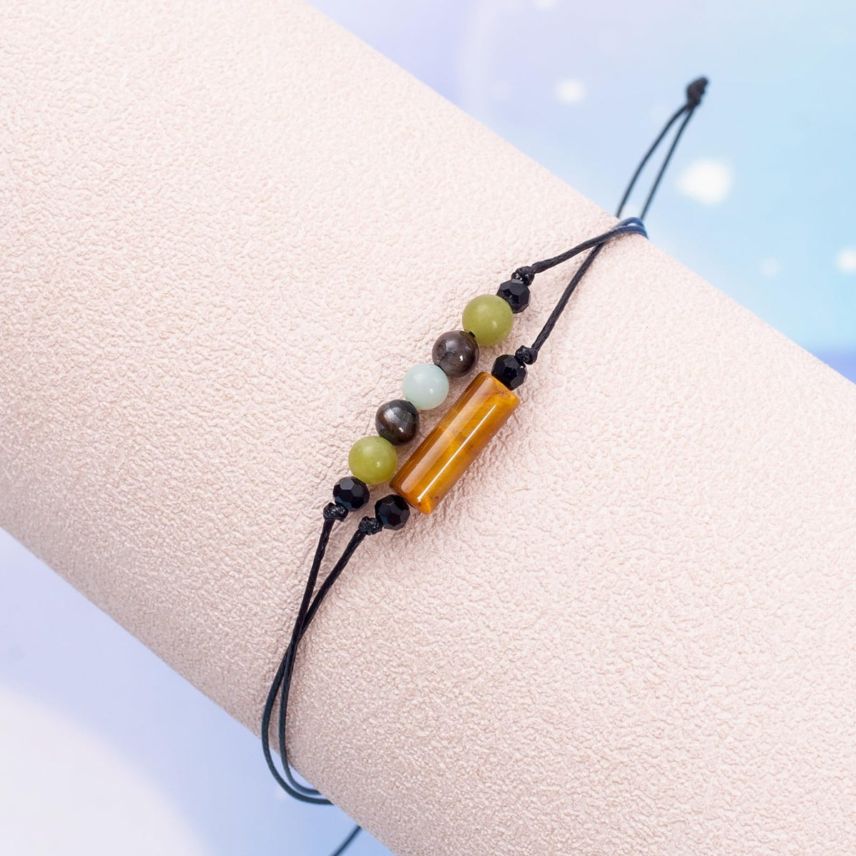 MTJAHPS Wristband Bracelet, Black, Lucky Beads, Energy Protection, for Women, Anxiety and Stress Relief, Sliding Knot, Adjustable 5-7.5 inch, Reiki Gift