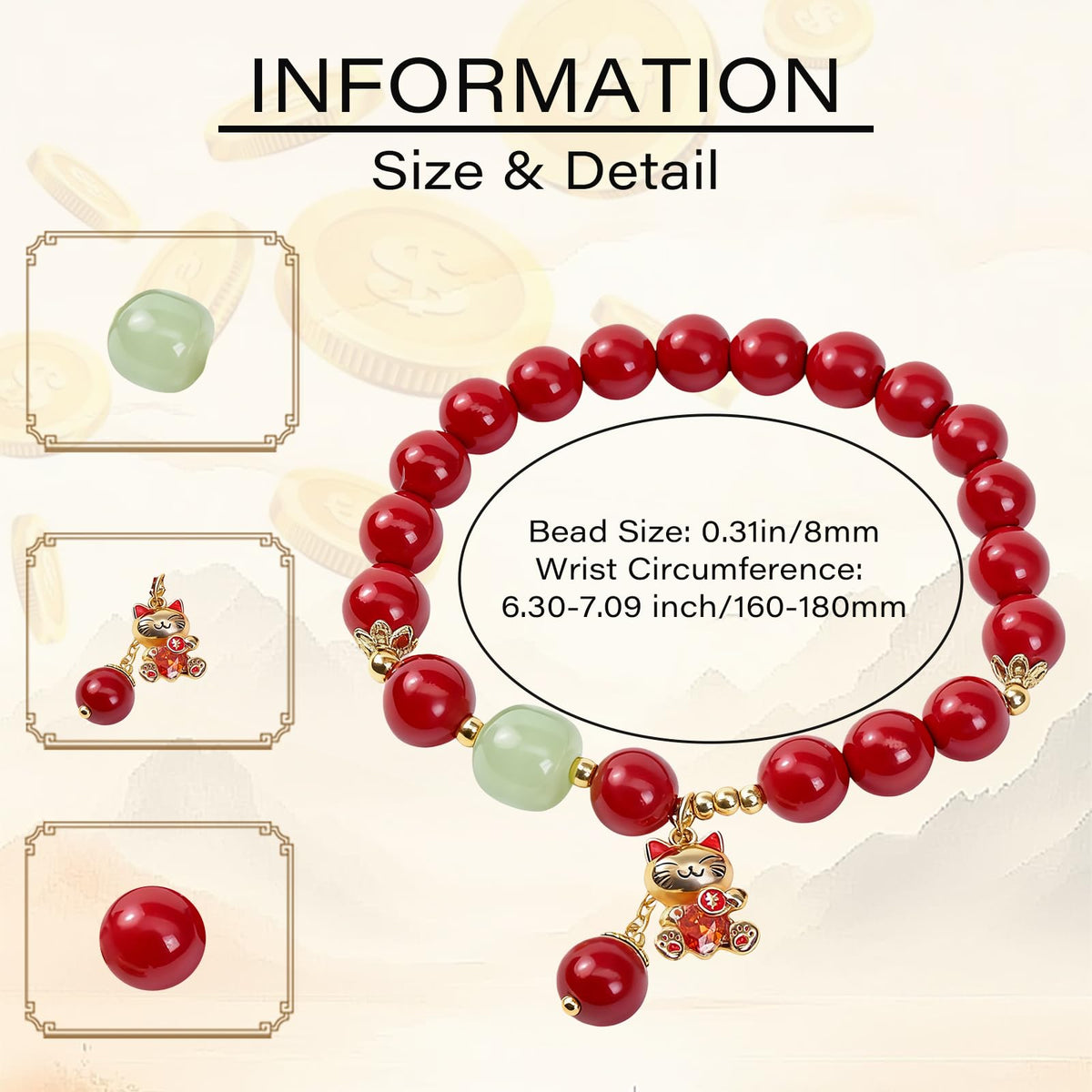 Buddha Stones Mothers Day Gifts 8mm Red Cinnabar Bracelet for Women, Feng Shui Lucky Cat Charm Bracelet with Jade, Healing Bracelets Attract Wealth and Good Luck, Stretch Bead Jewelry