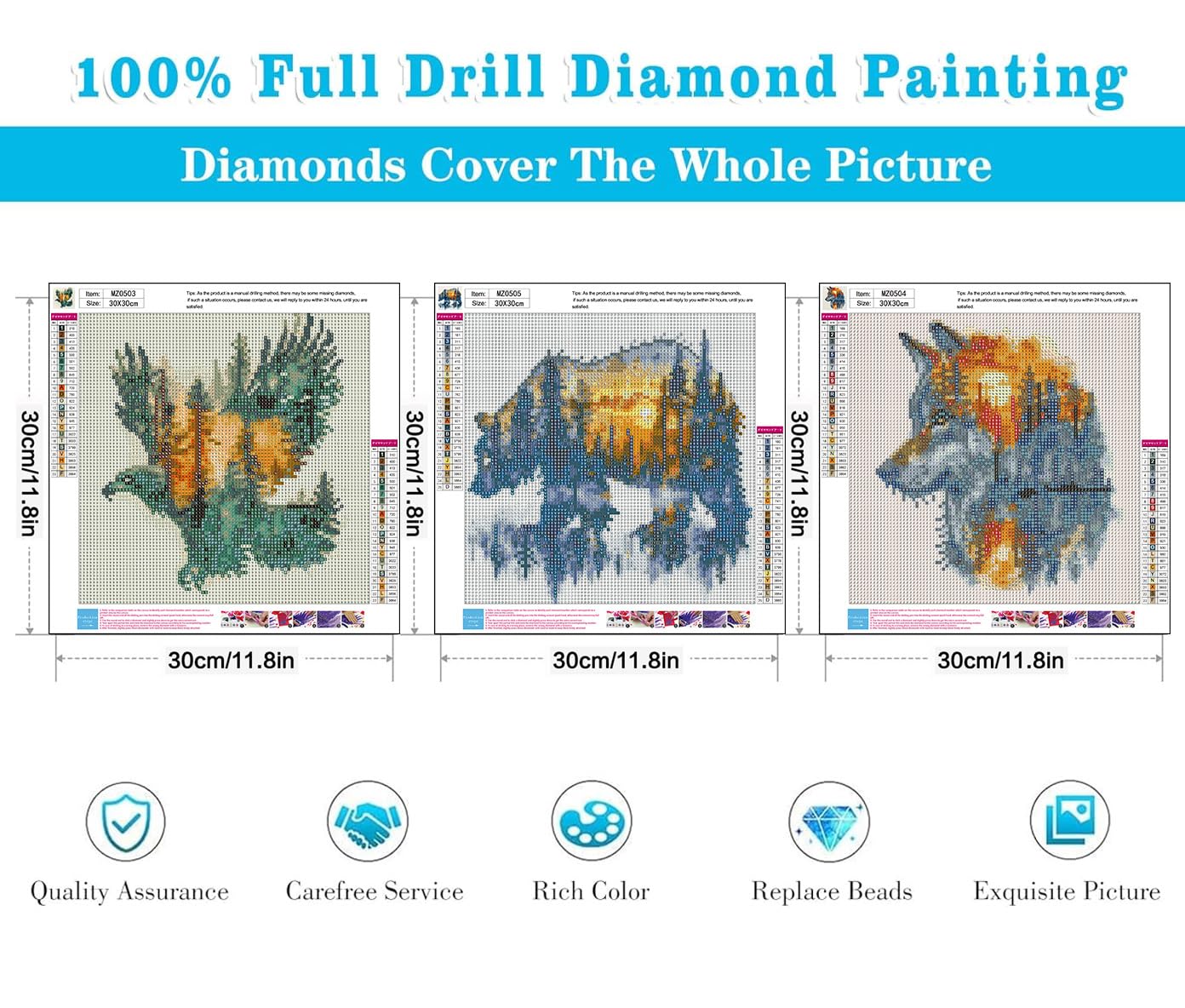 Meothan 3 Pack Diamond Painting Kits for Adults, Wild Animals Diamond Art Kits for Adults Beginners, 5D DIY Paint with Diamonds Gem Art Dots Set for Home Wall Decor 12 x 12 Inch (Bear Wolf and Eagle)