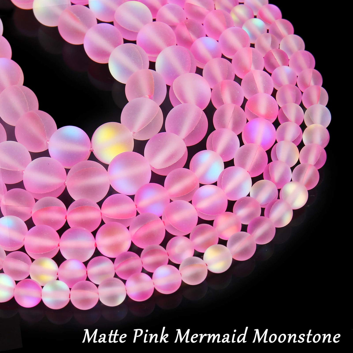 Matte Pink Aurora Crystal Glass Beads, 6MM Frosted Glitter Shining Mermaid Round Loose Beads, Rainbow Holographic Synthetic Moonstone for Jewelry Making DIY Bracelet