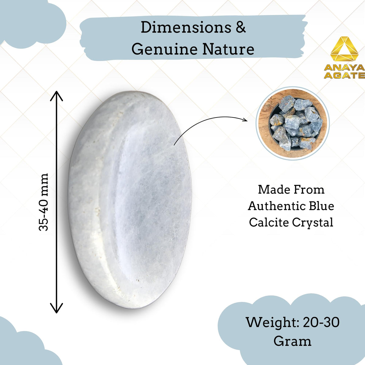 Anaya Agate Blue Calcite Worry Stones Certified Crystal Thumb Worry Stone for Anguish, Relaxing and Soothing Balance Stones for Meditation, Stress Relief Crystals and Healing Stones for Men, Women