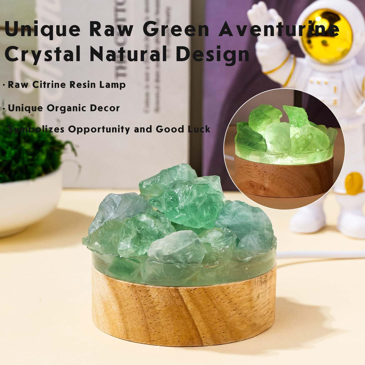 Runyangshi Fluorite Night Light with Natural Raw Green Crystal - USB Powered Focus Lamp for Study, Office, Meditation, Healing Crystal Decor with Wood Base, Clarity & Learning Aid