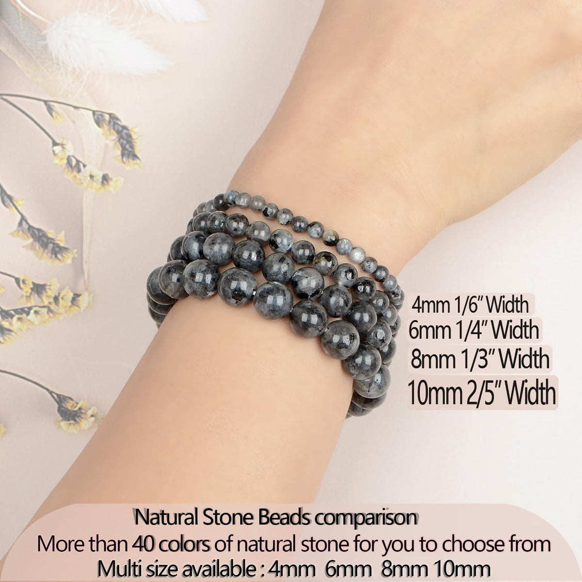 LPBeads Handmade Natural Gemstone Stretch Elastic 4mm Black Larvikite Bracelet Healing Crystal Round Stone Beads Jewelry Gifts for Women Men