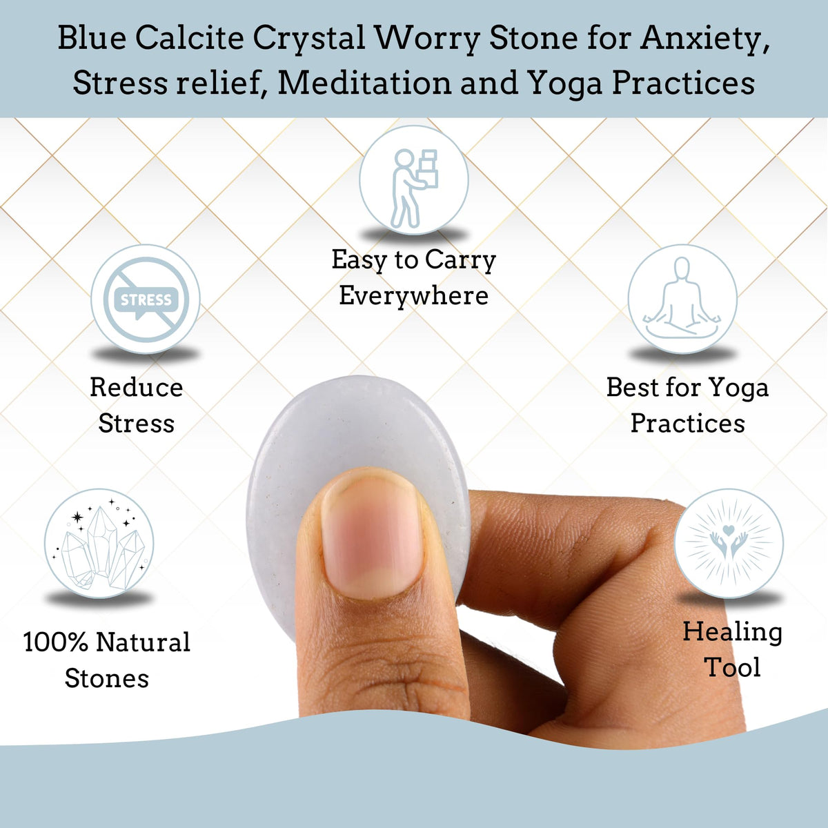 Anaya Agate Blue Calcite Worry Stones Certified Crystal Thumb Worry Stone for Anguish, Relaxing and Soothing Balance Stones for Meditation, Stress Relief Crystals and Healing Stones for Men, Women