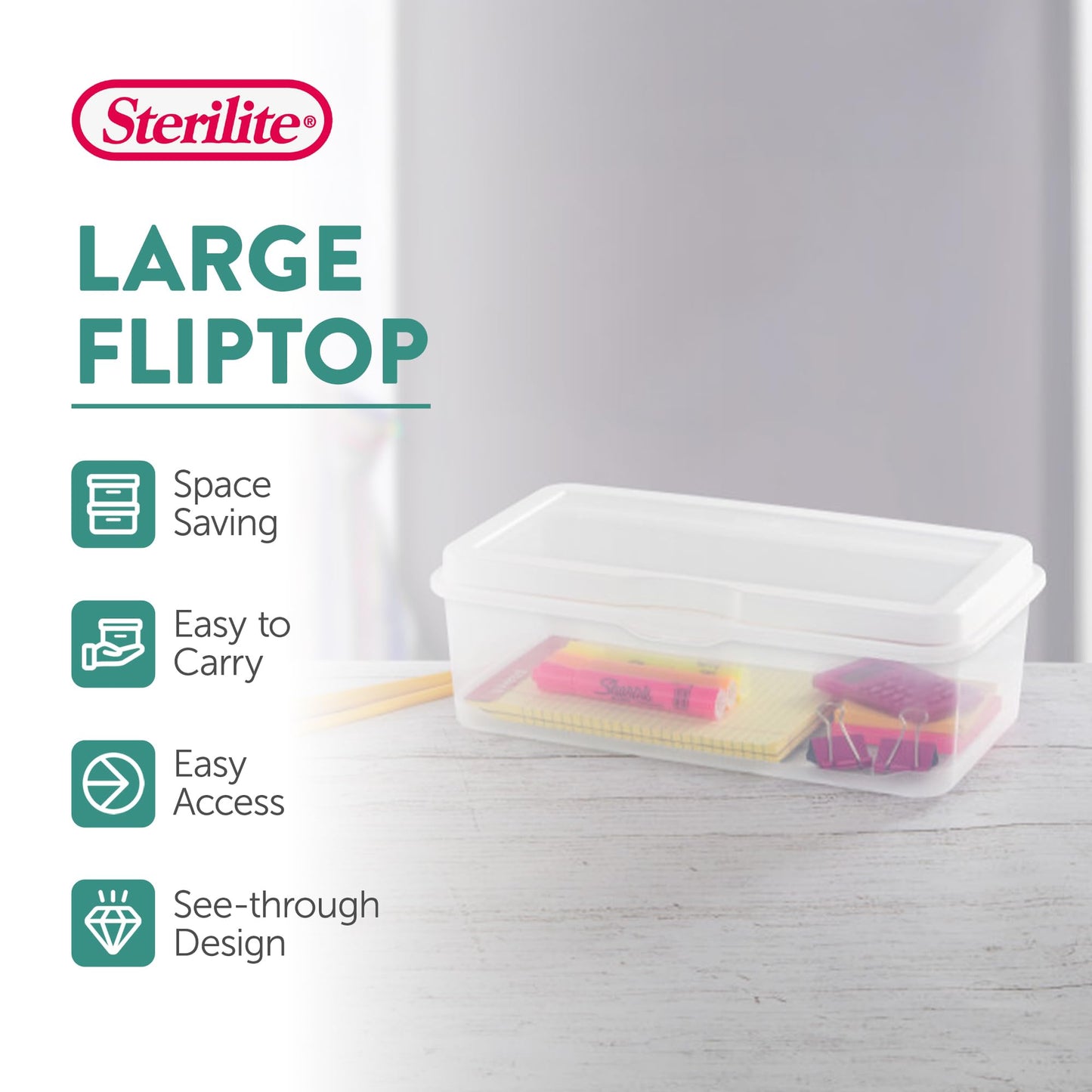 Sterilite 6-Pack Rectangular Large FlipTop, Clear Plastic Storage Box with Hinged Lid - Stackable Multipurpose Organizer for Art and Craft Supplies, Accessories, Photos & CDs, Home or Office Use