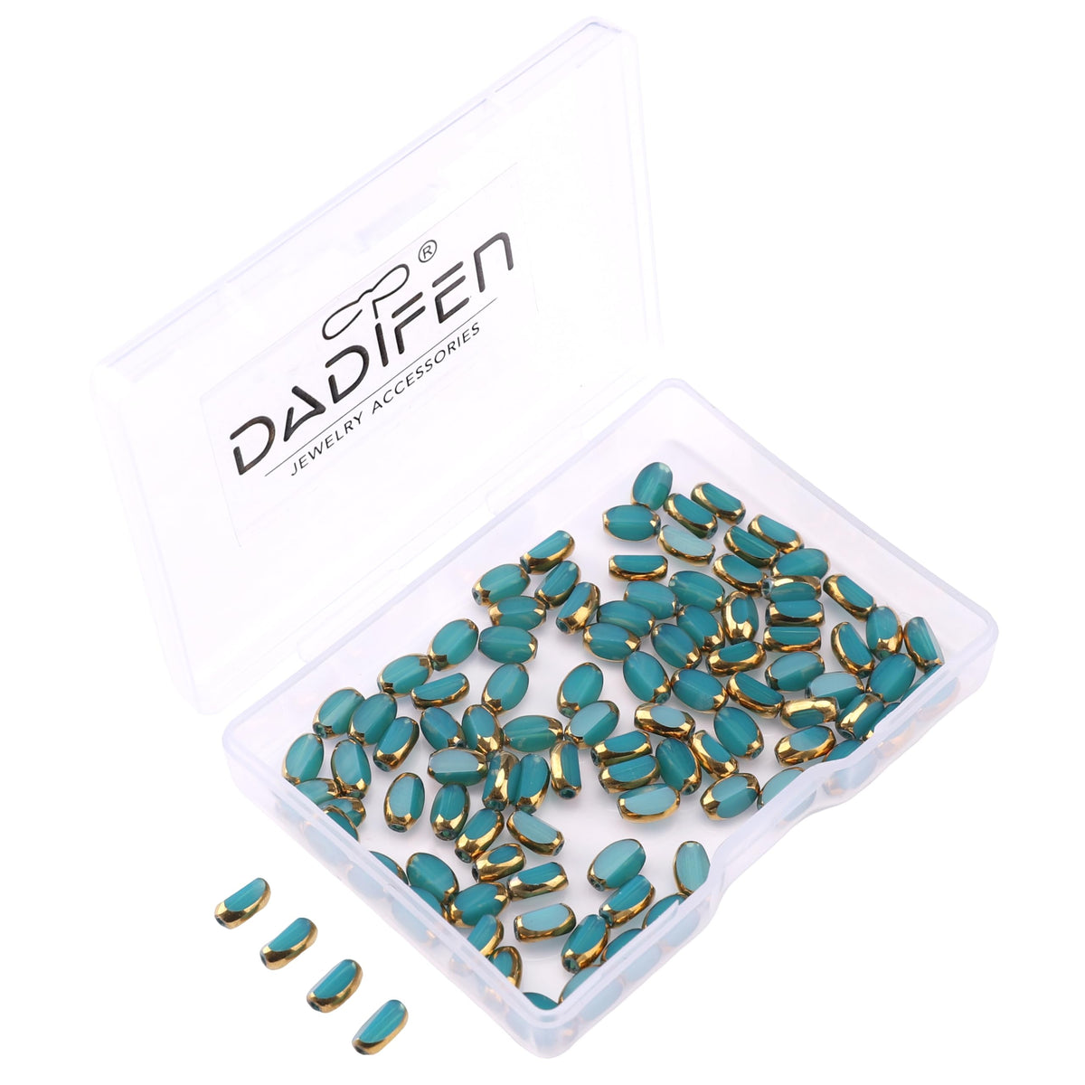 DADIFEN Glass Rice Beads Peacock Blue 4x6mm 50pcs Faceted Oval Golden Edge Crystal Loose Beads for DIY Craft Jewelry Making