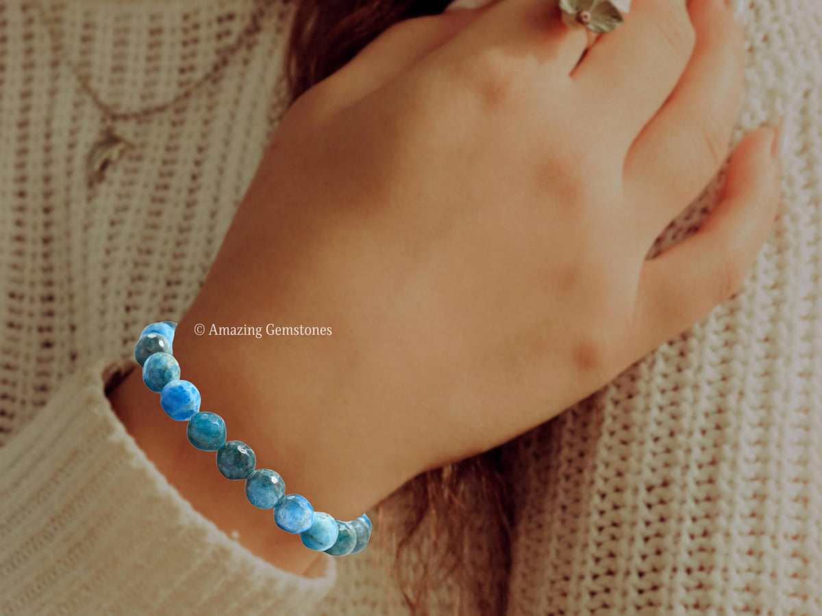 Amazing Gemstone Apatite Bracelet for Women - Chakra Mens Bracelet Protection Crystals and Healing Stones - Faceted Beaded Blessing Bracelet Spiritual Meditation Gift Christmas Stocking Stuffers