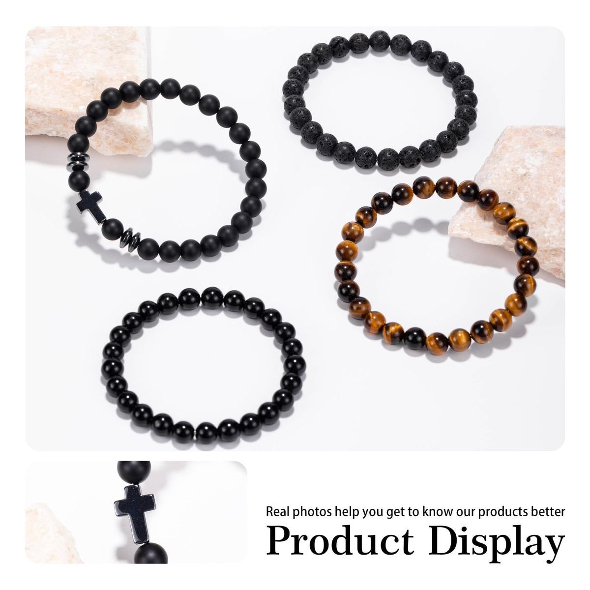 Crystery Men Beaded Bracelets, 8mm Natural Stone Bracelet, Healing Crystal, Jewelry Gifts for men, Triple Protection, Black Onyx, Tiger Eye, Black Obsidian Beads Bracelets, Lava Rock, Pack of 4