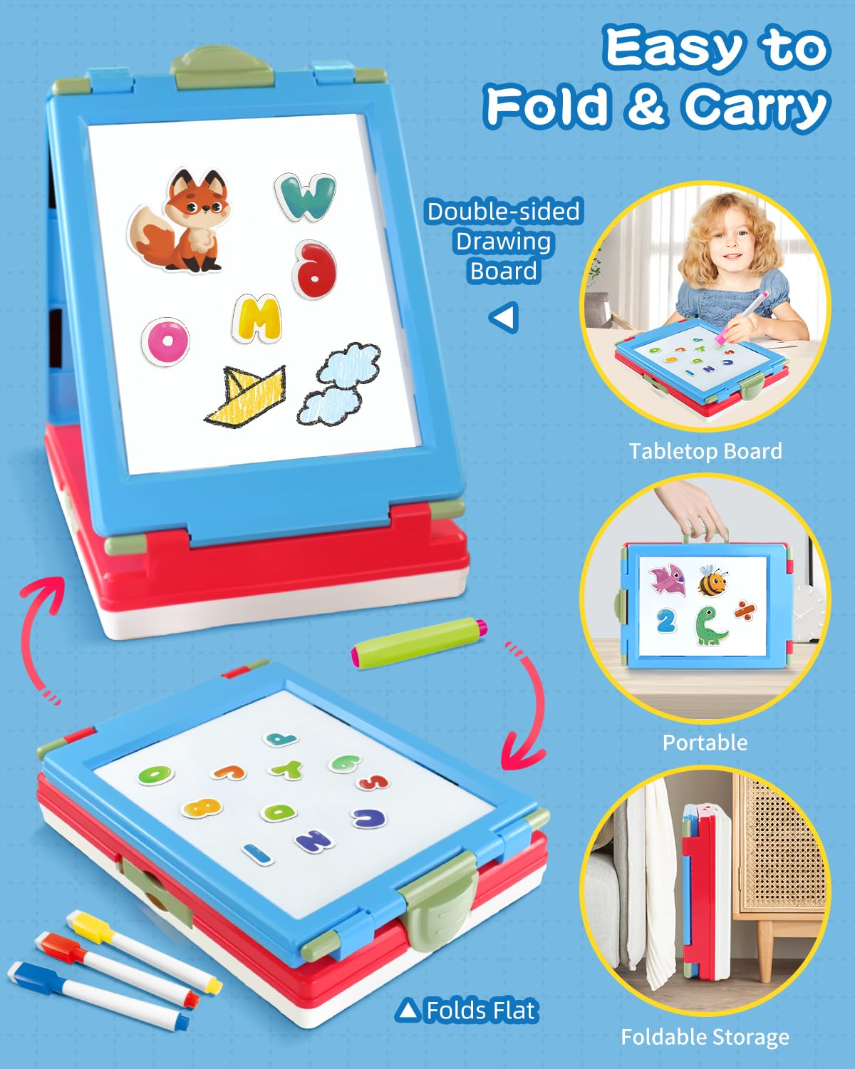 Elovien Easel for Kids, 4 in 1 Double Sided Toddler Art Easel with Chalkboard & Magnetic Whiteboard, Foldable Kids Tabletop Easel with Drawing & Writing Accessories - Gift for Boys and Girls (Blue)