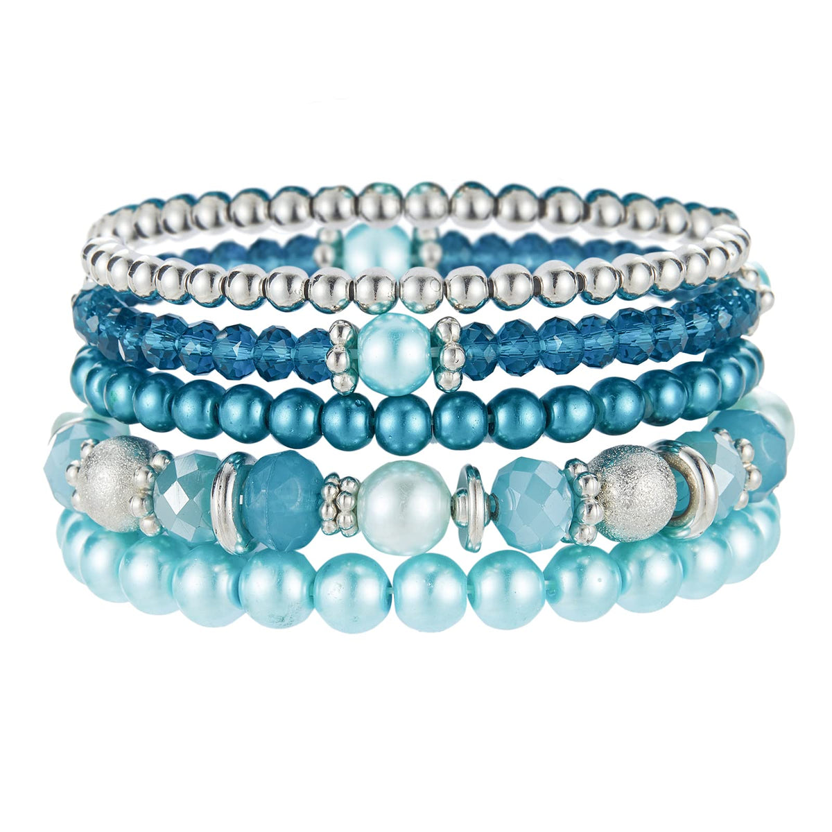 Noessla Beaded Pearl Stretch Bracelet Silver Stackable Crystal Beads Bracelets Trendy Costume Jewelry Mothers Day Gifts for Women(Turquoise)