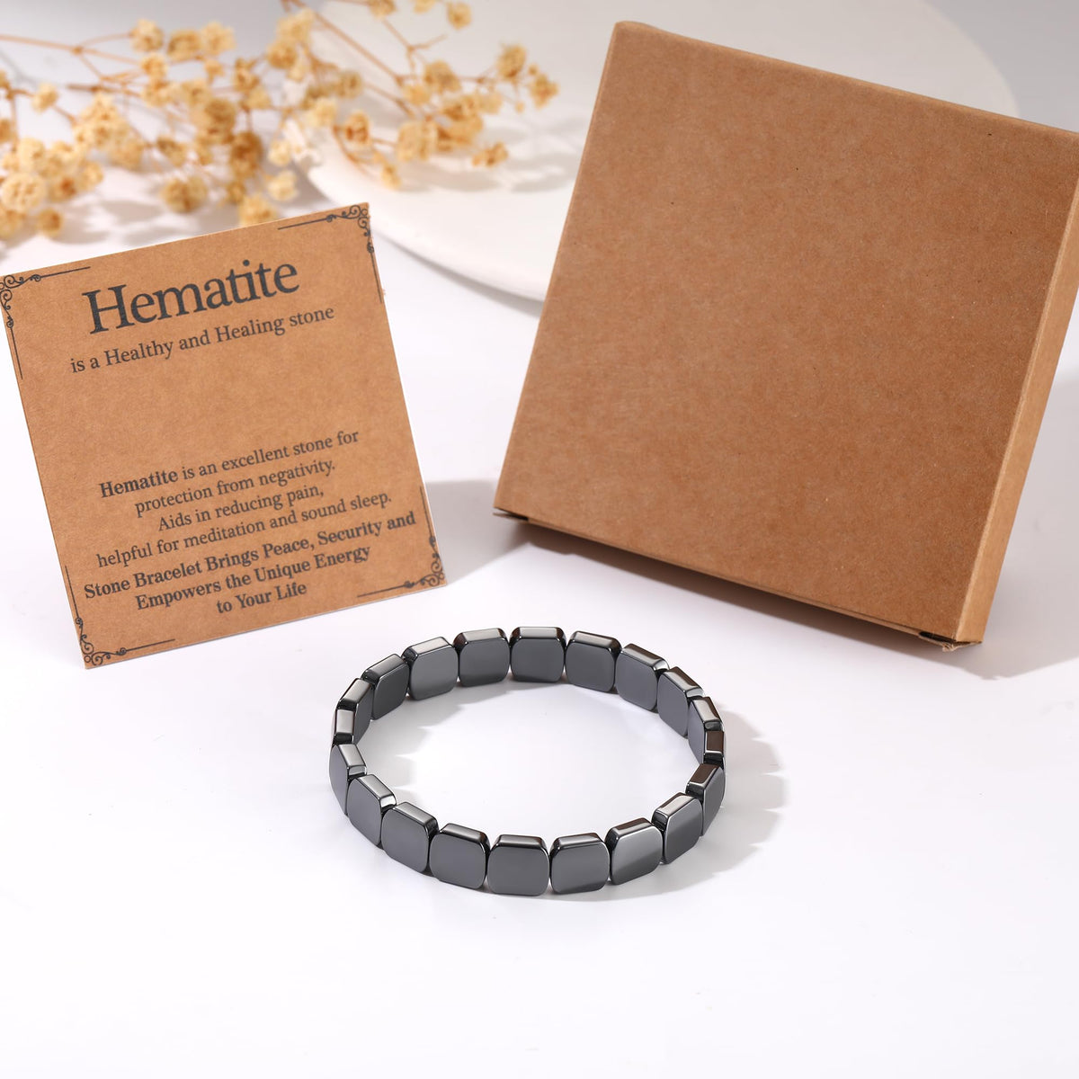 DONYUDE Square Hematite Bracelet Men Reignites Masculine Energy Strech Black Natural Hematite for Dad Husband Boyfriend Birthday Motivational Gift for Confidence Strength Crystal Jewelry
