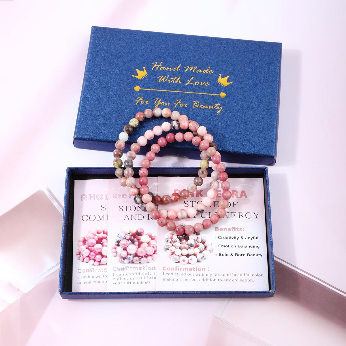 NCB 3-Piece 6mm Natural Crystal Gemstone Stretch Bracelets – ﻿Pink Zebra, Red Jasper, Red Plum Blossom Stone Handmade Reiki Energy Healing Jewelry for Meditation,Yoga, Unisex