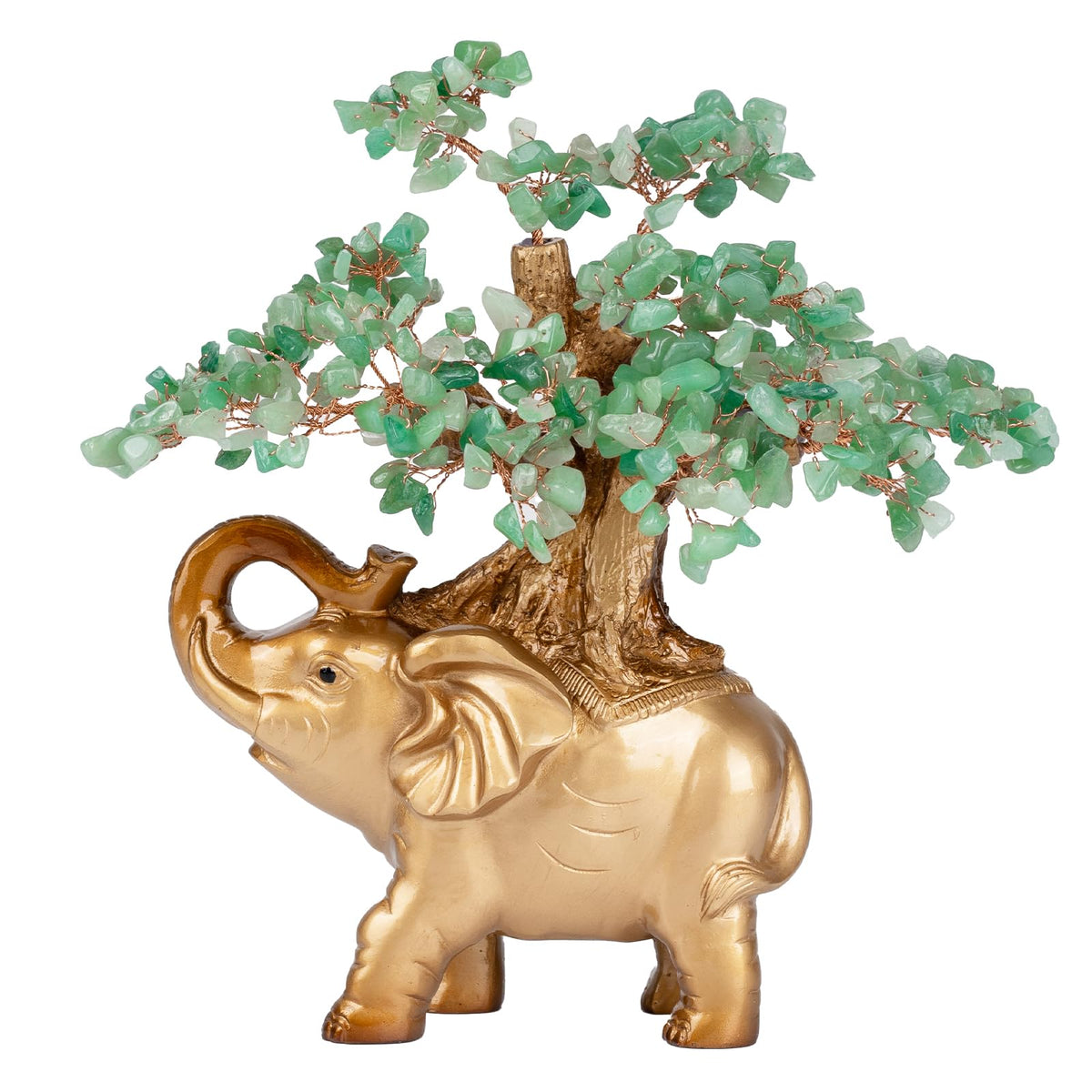 GEMBOURY Green Aventurine Crystal Money Tree on Gold Mini Elephant Statue, 10”Gemstone Bonsai Tree of Life Home Décor Gifts for Wealth Positive Energy, Feng Shui Décor