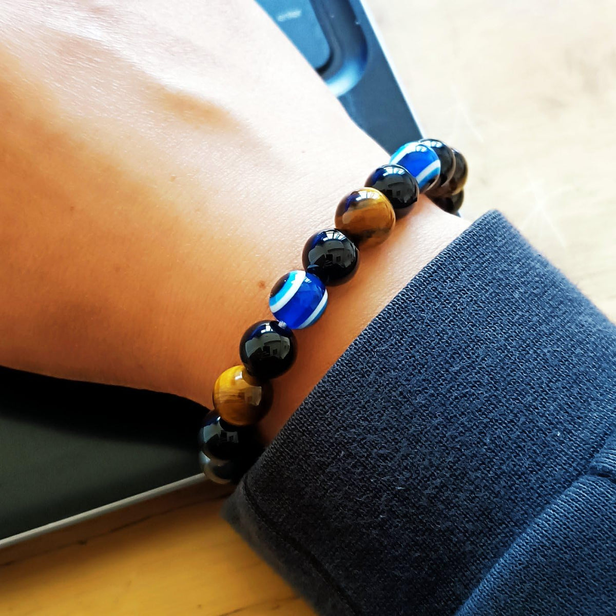 WEFRIN Evil Eye with Hematite Black Obsidian Tiger Eye Stone Triple Protection Bracelets for Men Women, Crystal Healing Stone Bracelet Bring Luck Prosperity and Happiness Jewelry (D-10mm)
