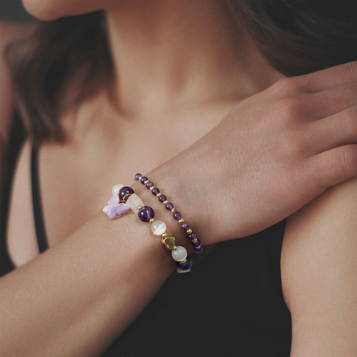 GolbalJew Natural Amethyst Bracelet For Women Purple Butterfly Charm Healing Crystal Beads Bracelets Layered Jewelry Stone Beaded Bracelet Gifts For Women