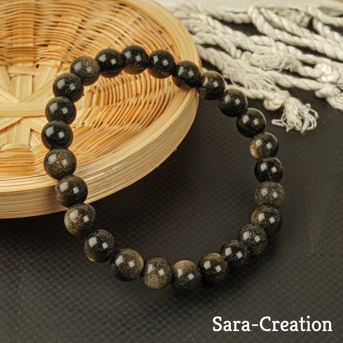 sara creation Gold Obsidian Stone Bead Bracelet - Adjustable Natural Gemstone Bracelets - Healing For Girl Women Men