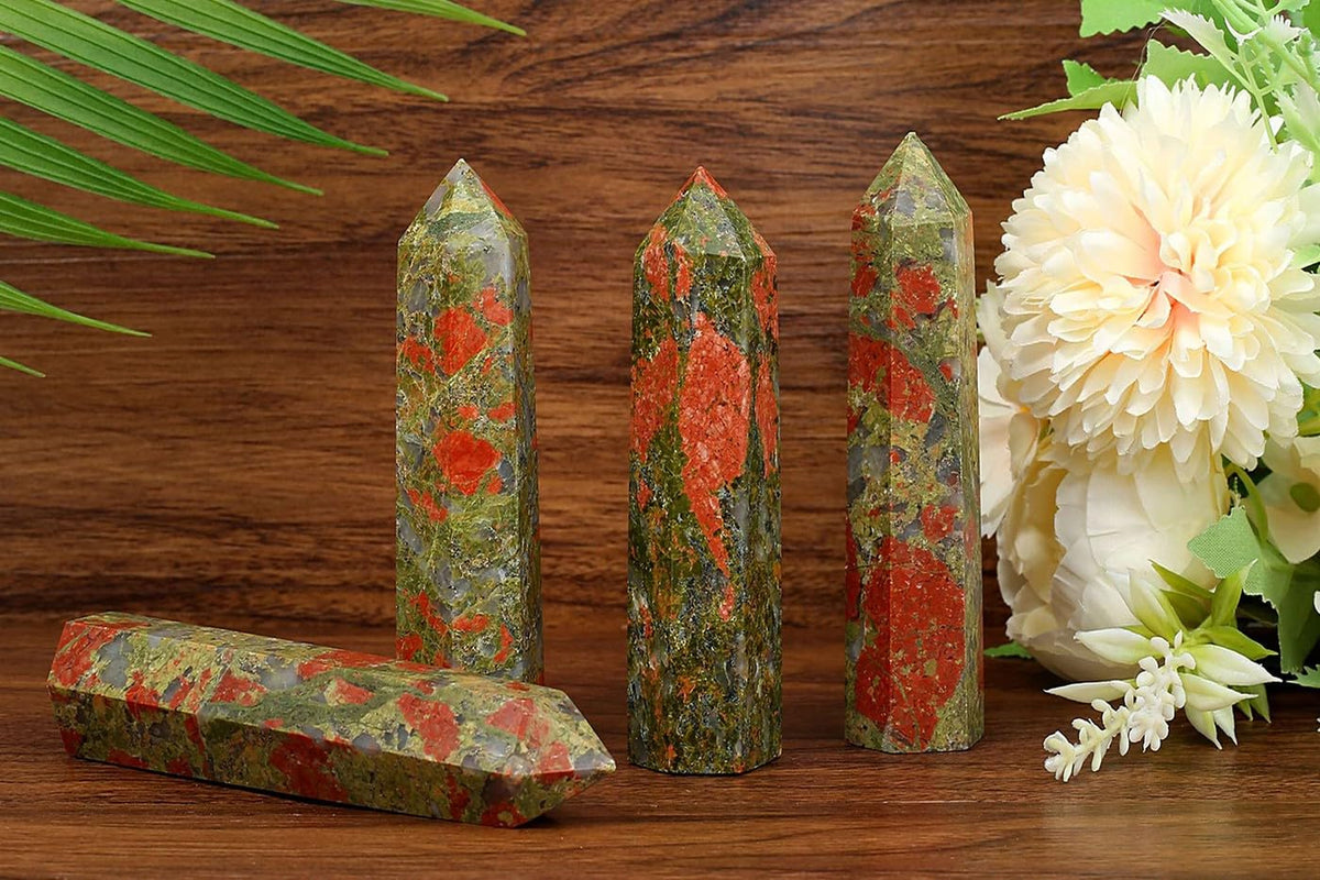 LAIDANLA Unakite Healing Crystals Wands 3.5-4" Natural Reiki Energy Wand Stone Hexagonal Point Obelisk Large Crystal Gemstones for Meditation Therapy Crystal Grid Decoration 1Pcs