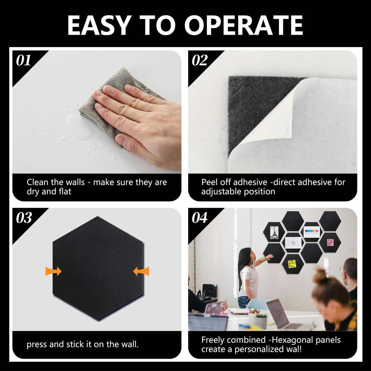 8 Packs Black White Hexagon Felt Pin Board, 12" Bulletin Board with 30 Push Pins, Felt Board for Home Kitchen Office Decor, Self-Adhesive Corkboard Tiles for Walls Message Photos Memos Display