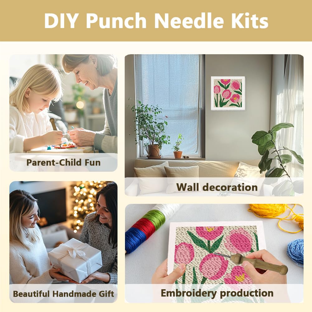 Doodlream Tulips DIY Punch Needle Embroidery Kit for Adult Beginner, 9.4" Flower Punch Stitching Craft Set for Starter with Frame, Fabric Pattern, Threader, Yarn, Pinch Needle