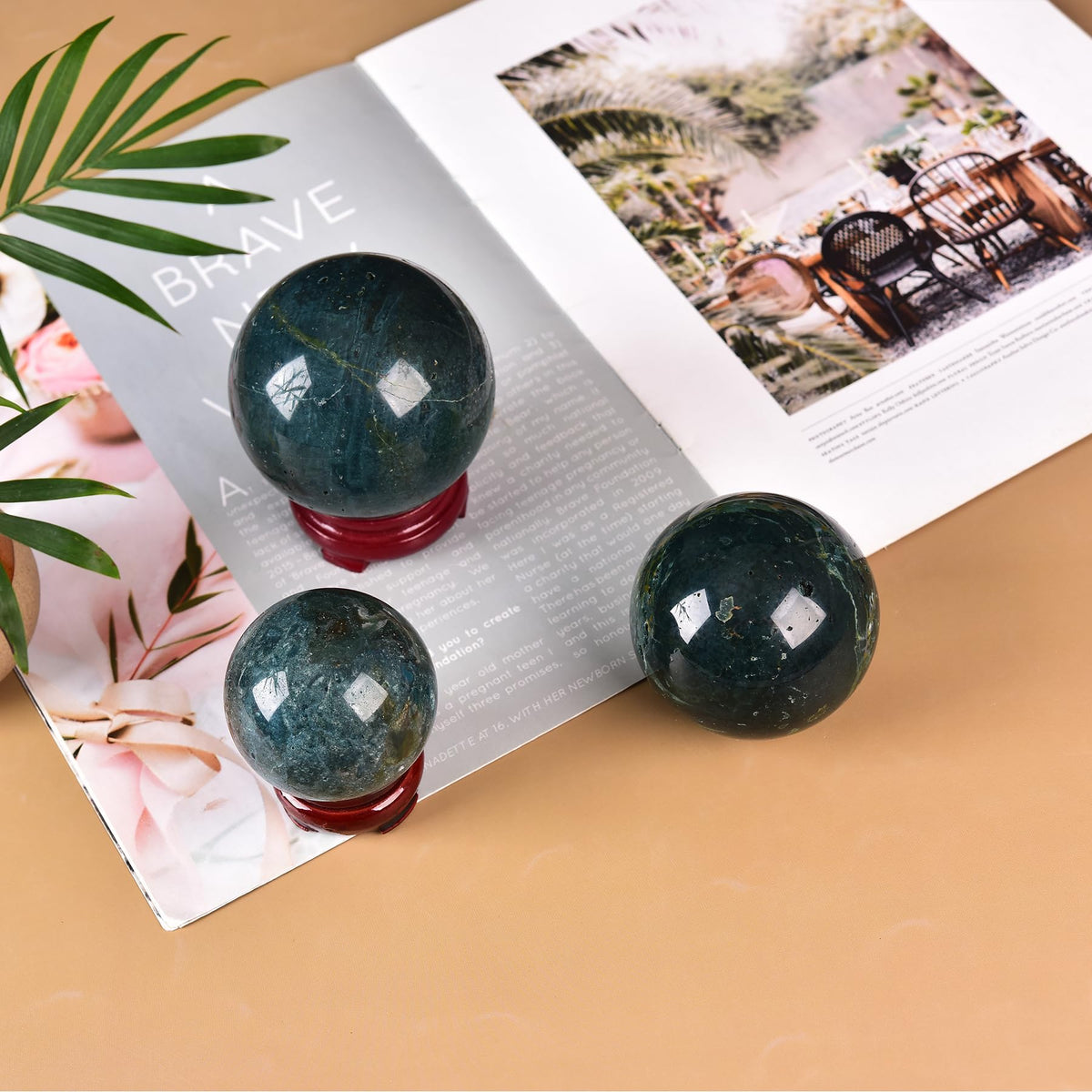 JIC Gem Ocean Jasper Crystal Ball with Wooden Stand Healing Crystal Sphere Ball for Feng Shui Decor Spiritual Gifts 70-80mm