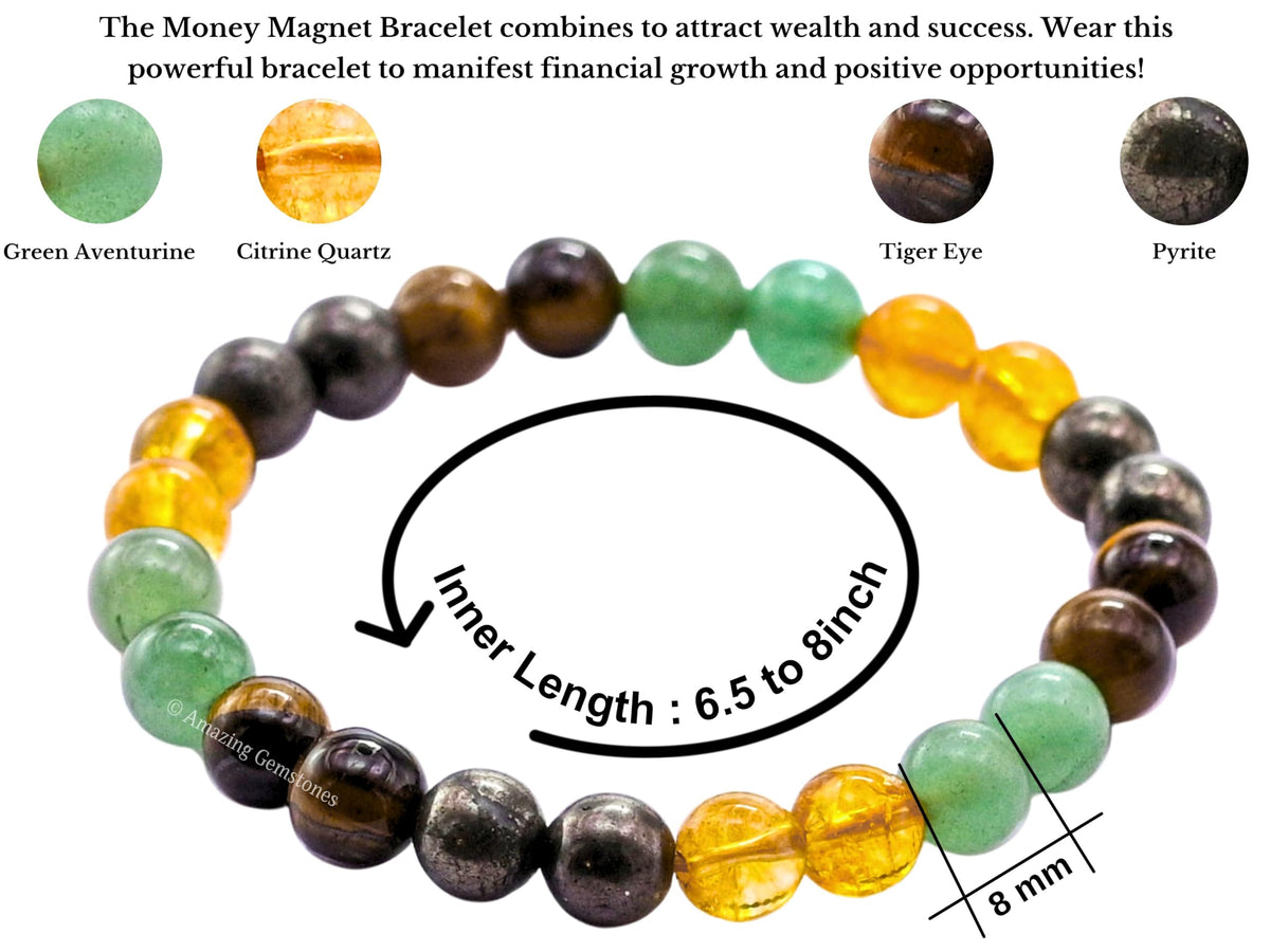 Amazing Gemstone Money Success Pyrite Bracelet - Citrine Quartz, Green Aventurine, Tiger Eye Protection Healing Crystal Bracelet - Gemstone Beaded Stretchable Bracelet Pulseras Para Hombres Mujer