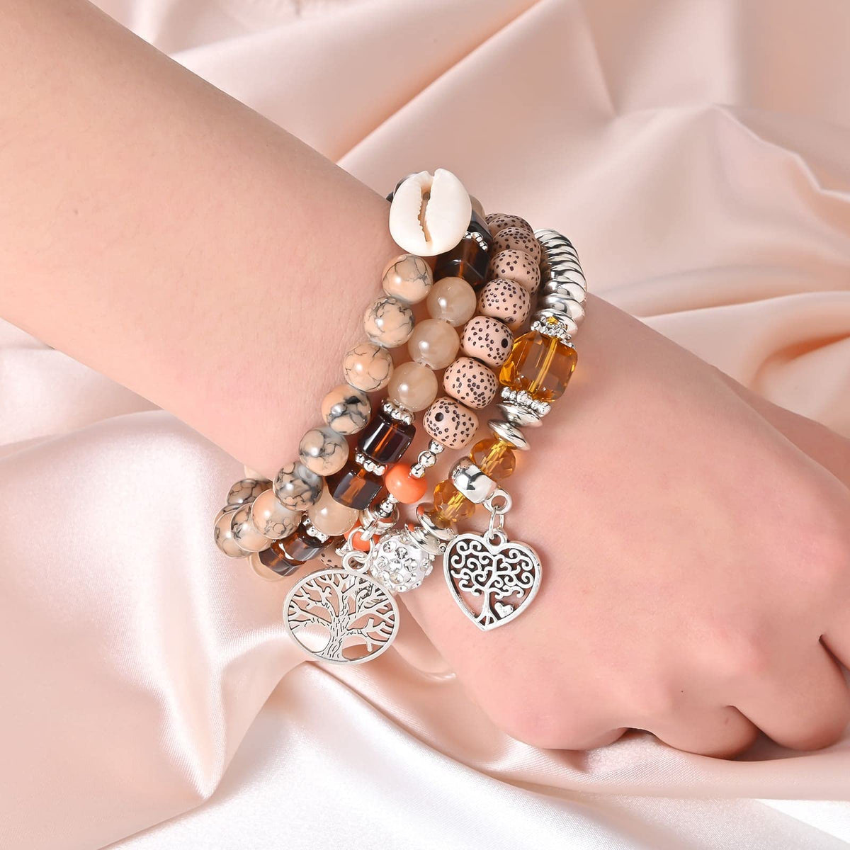 Bohemian Bracelet Sets for Women - 6 Sets Stackable Stretch Bracelets Multi-color Boho Jewelry for Women Hippie Bracelets Dainty Jewelry (Tree of Life Bead Bracelets)