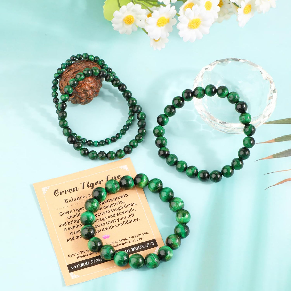 AD Beads 10mm Handmade Green Tiger Eye Elastic Bracelet – Natural Gemstone for Balance, and Clarity – Meditation, Yoga, Healing and Energy Gift for Men Women