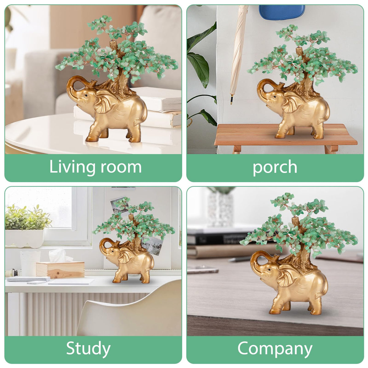 GEMBOURY Green Aventurine Crystal Money Tree on Gold Mini Elephant Statue, 10”Gemstone Bonsai Tree of Life Home Décor Gifts for Wealth Positive Energy, Feng Shui Décor