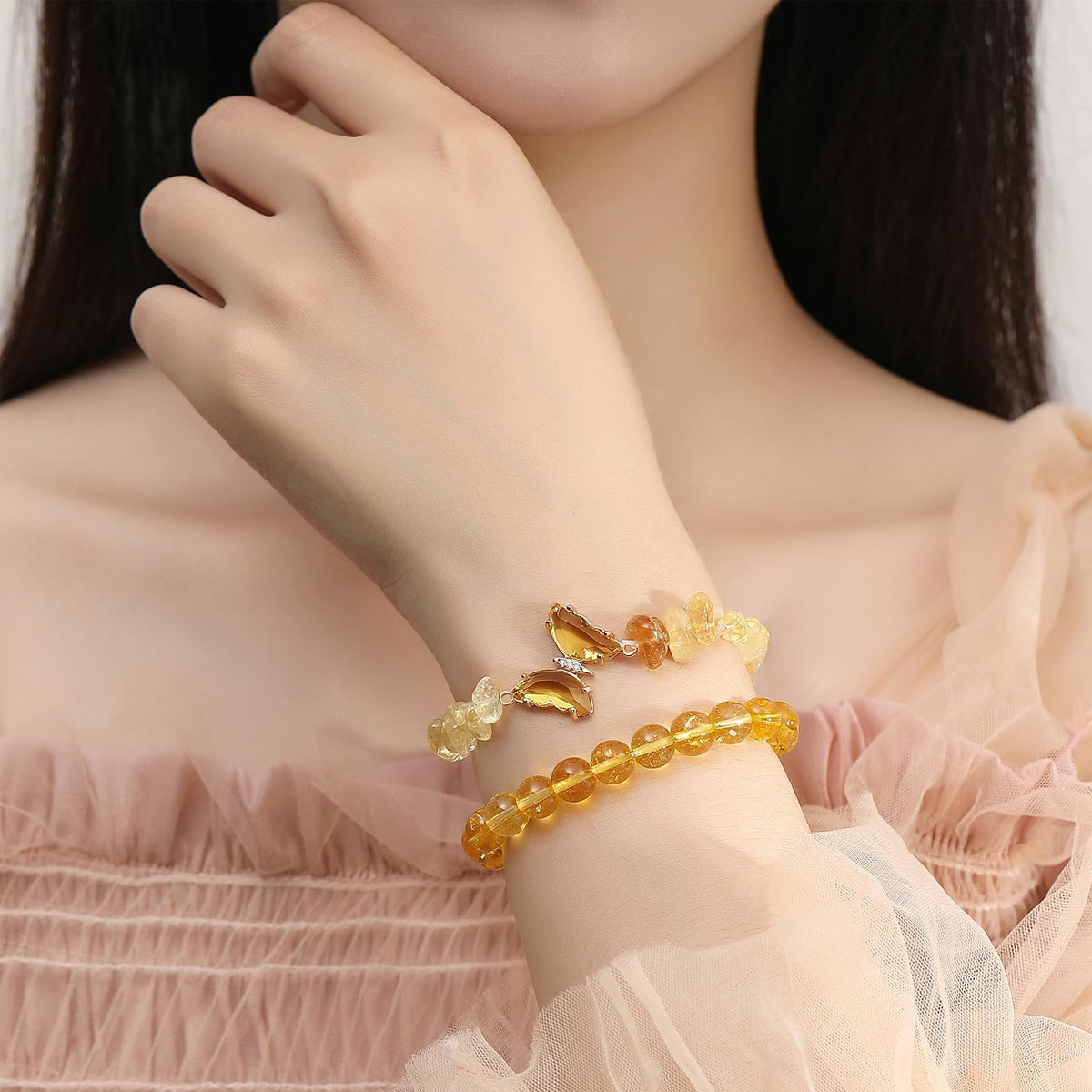 DUQGUHO Citrine Crystal Bracelets for Women Healing Yellow Bracelets 8mm Citrine Beaded Bracelets for Women Butterfly Charm Stretch Bracelets Yellow Jewelry Butterfly Gifts for Women 2PCS