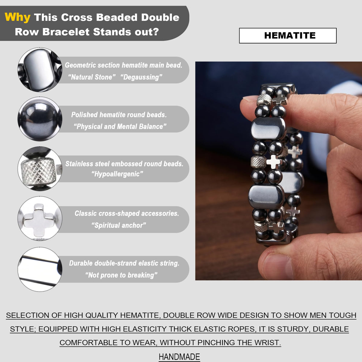 Christian Gifts for Men, Jesus Cross Bracelet for Men Handmade Double Elastic Beaded Bracelets Natural Crystal Gemstone Religious Jewelry for Boyfriend Husband Birthday Anniversary (Hematite)