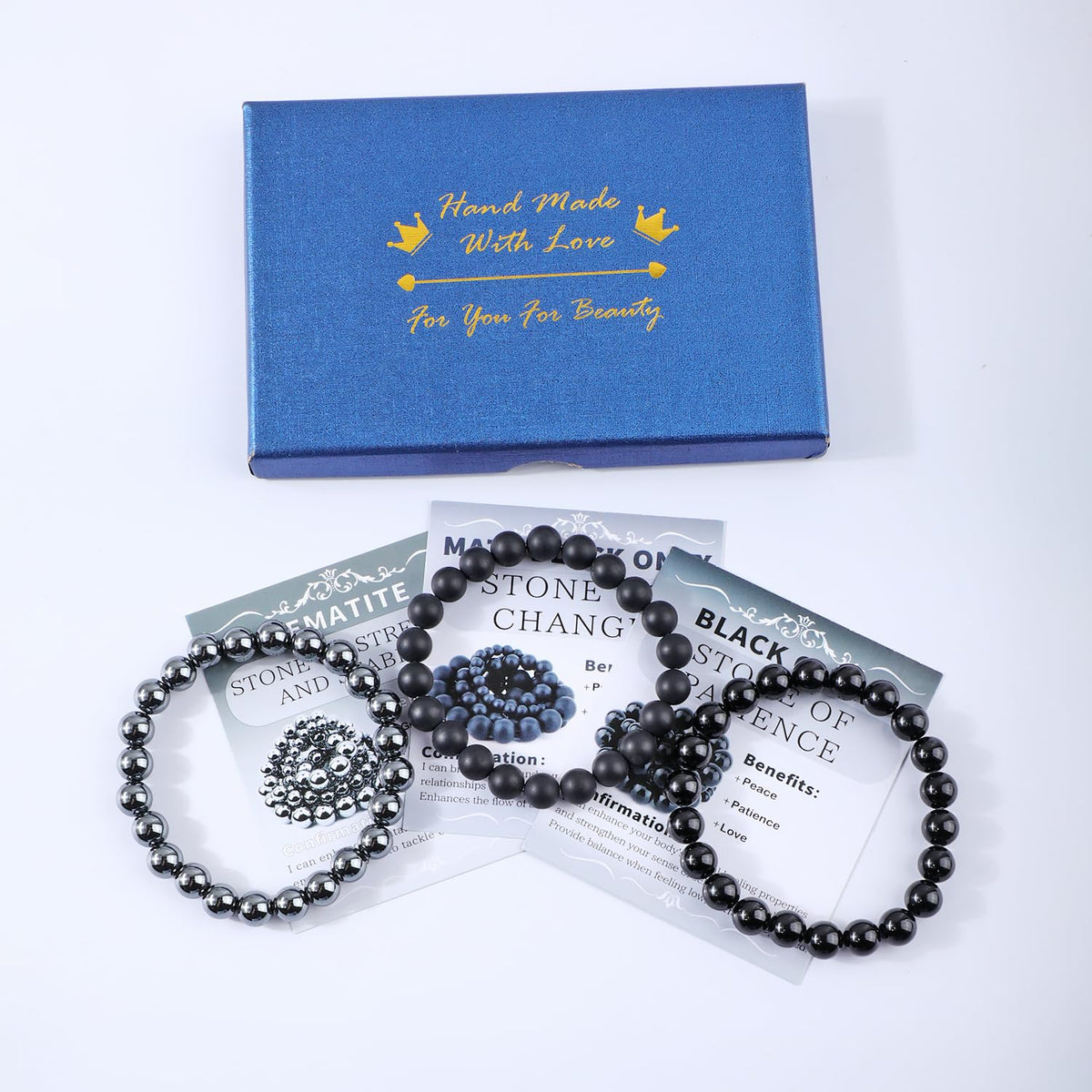 NCB 3-Piece 8mm Natural Crystal Gemstone Stretch Bracelets – ﻿Black Onyx, Hematite, Matte Black Agate Handmade Reiki Energy Healing Jewelry for Meditation,Yoga, Unisex