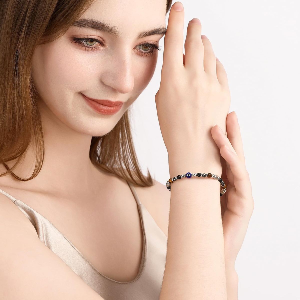 MTJAHPS Protection Bracelet, empath protection, black obsidian Crystals and Healing Stones Bracelet for Women ，Luck ，Anxiety and Stress Clam Bracelet (Sister-Evil Eye Triple Threat Protection)